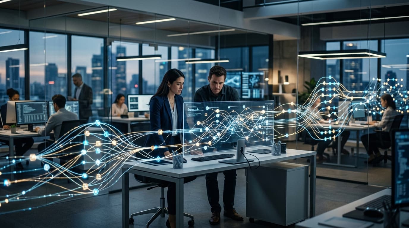 A sophisticated abstract visualization of AI-driven enterprise automation, with glowing, interconnec