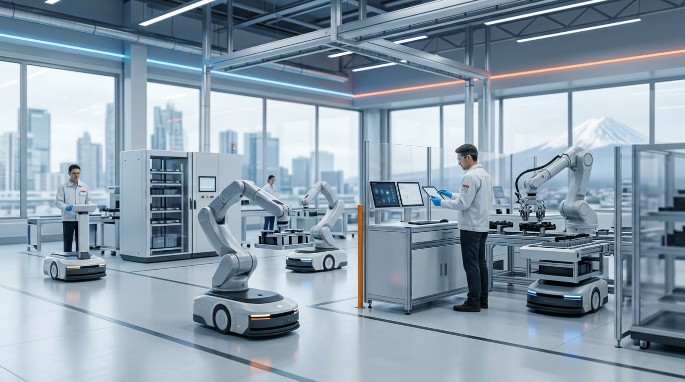 A modern Japanese smart factory floor, high-tech autonomous robots working alongside human colleague