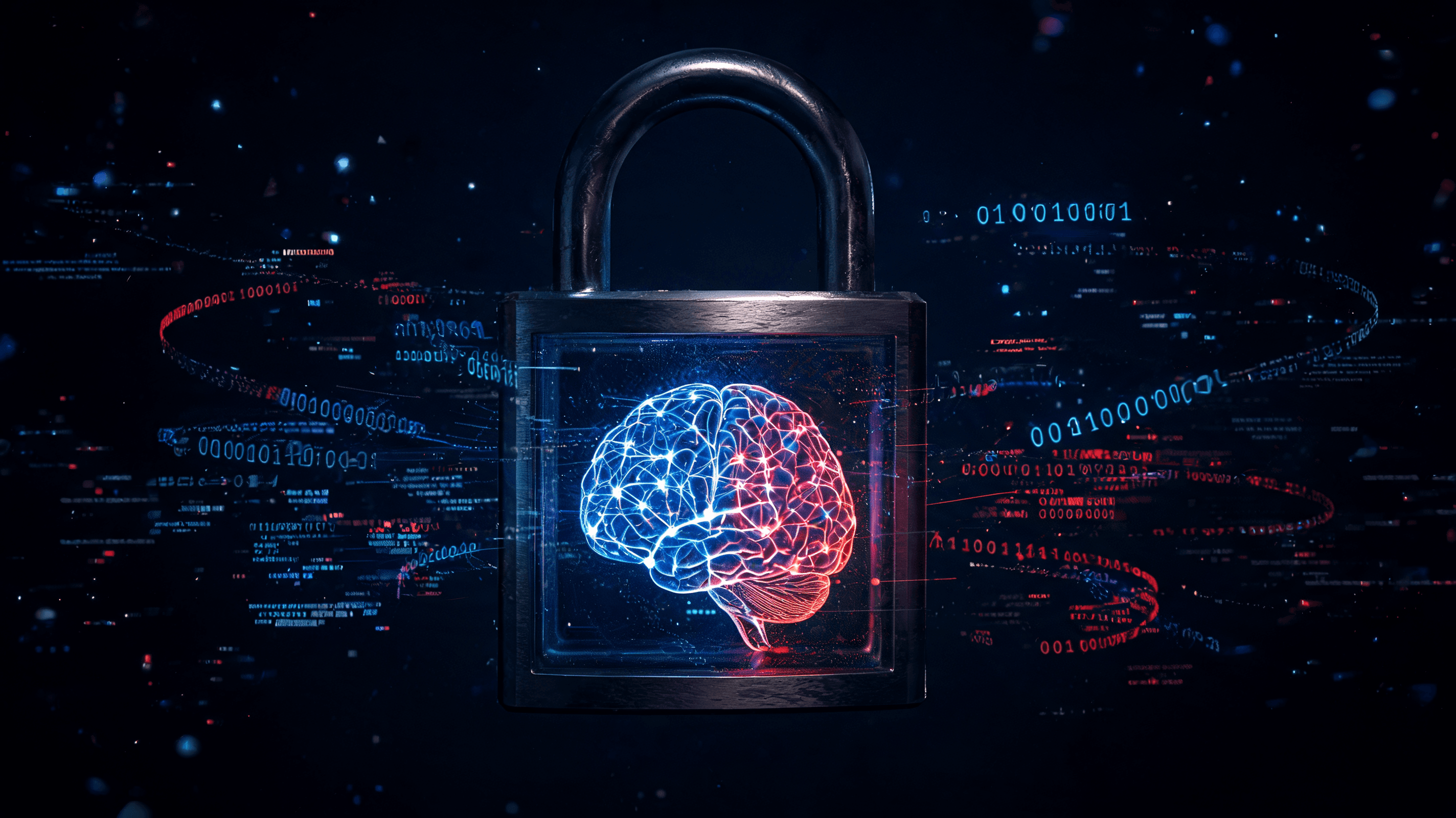 A digital security concept featuring a glowing AI brain inside a padlock, surrounded by lines of cod