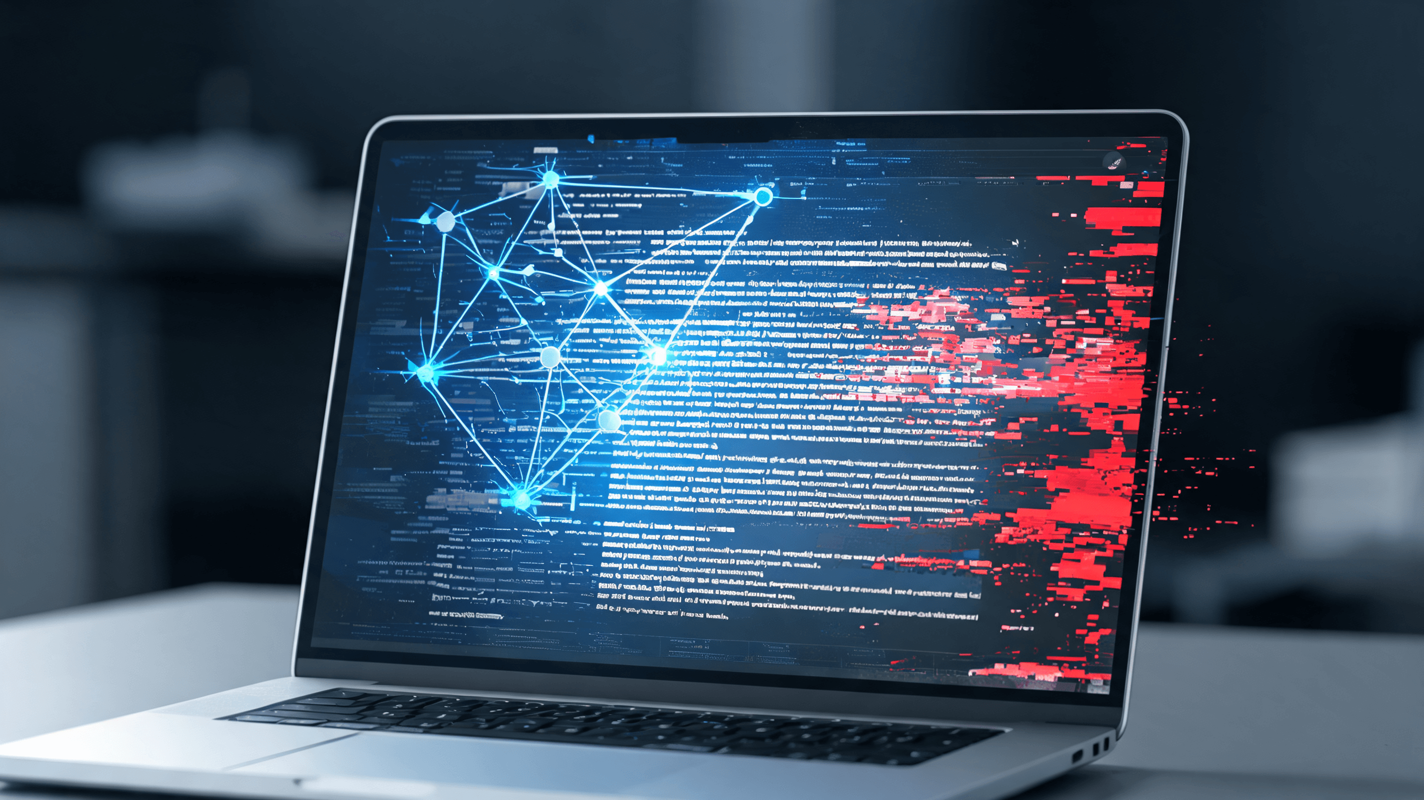 A digital document being edited by an AI glowing neural interface, with subtle red 'glitch' pixels c