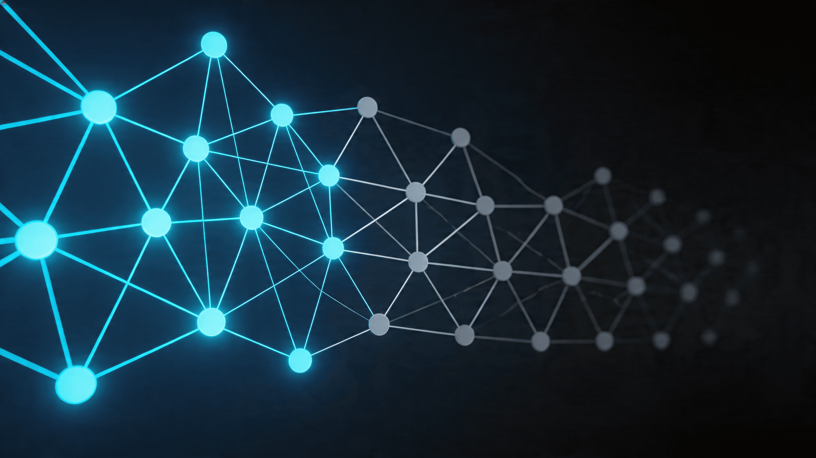 A conceptual visualization of an intricate, glowing network of nodes, with some segments fading and