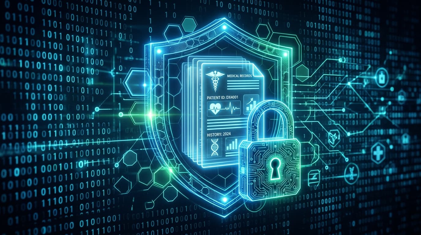 An abstract, futuristic visual representation of data privacy, with glowing digital locks shielding