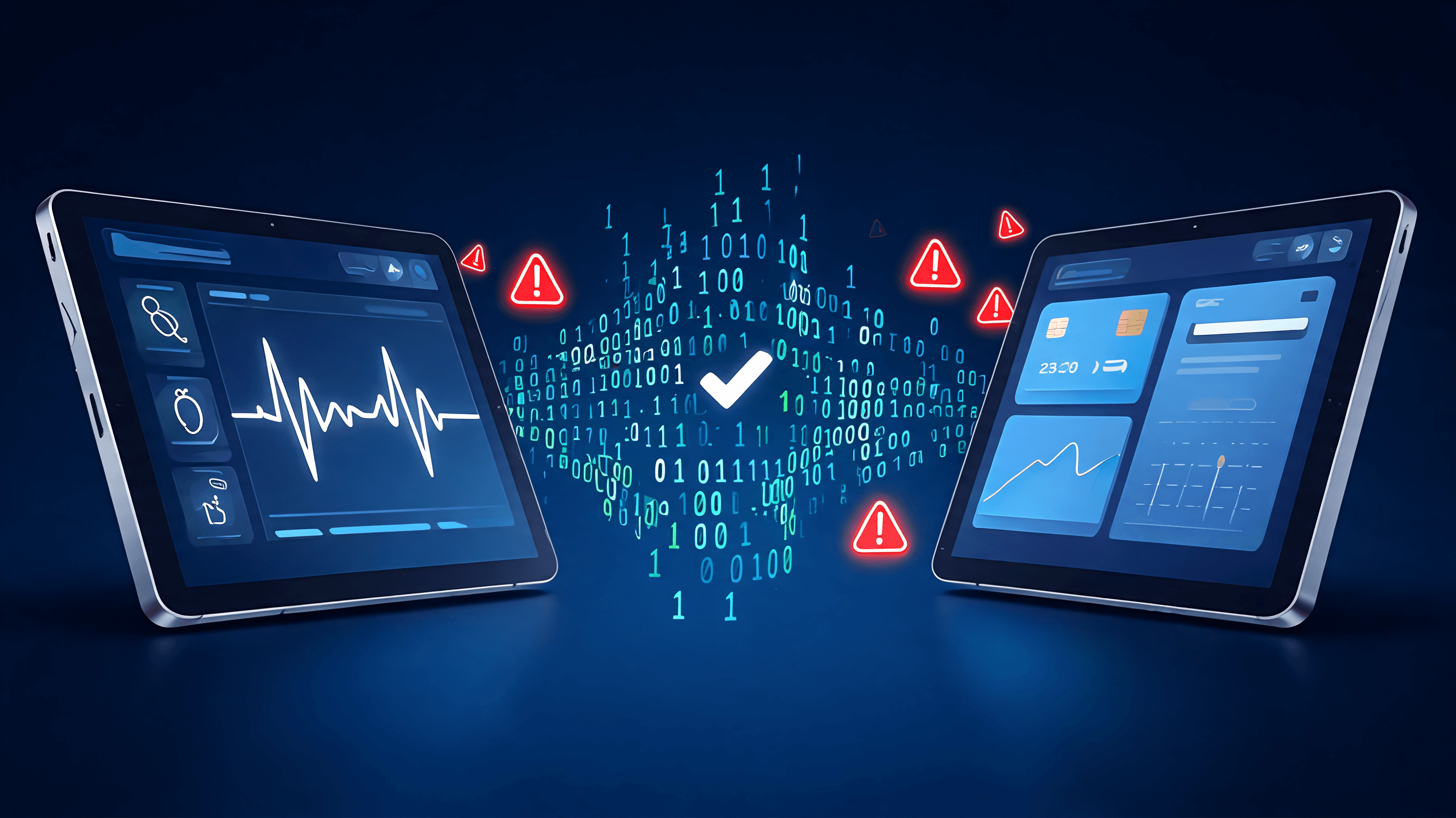 A conceptual visual showing a futuristic medical tablet and a banking application screen with distor