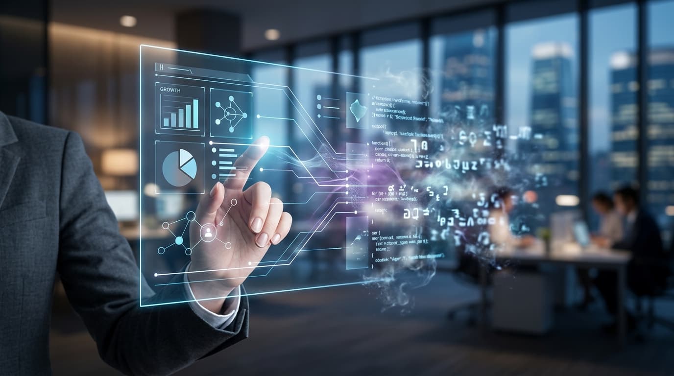 A conceptual image of a human hand interacting with a digital AI interface, featuring a mix of clear