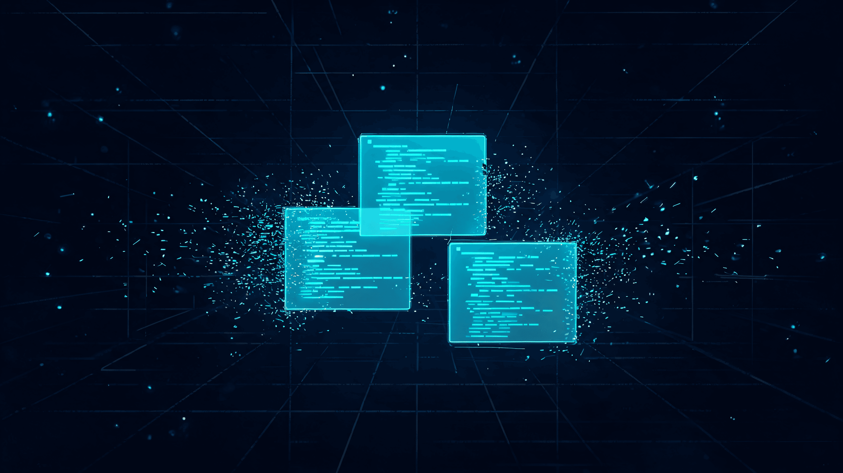 A conceptual, dark-themed tech visualization of data leaking from glowing, floating code blocks out