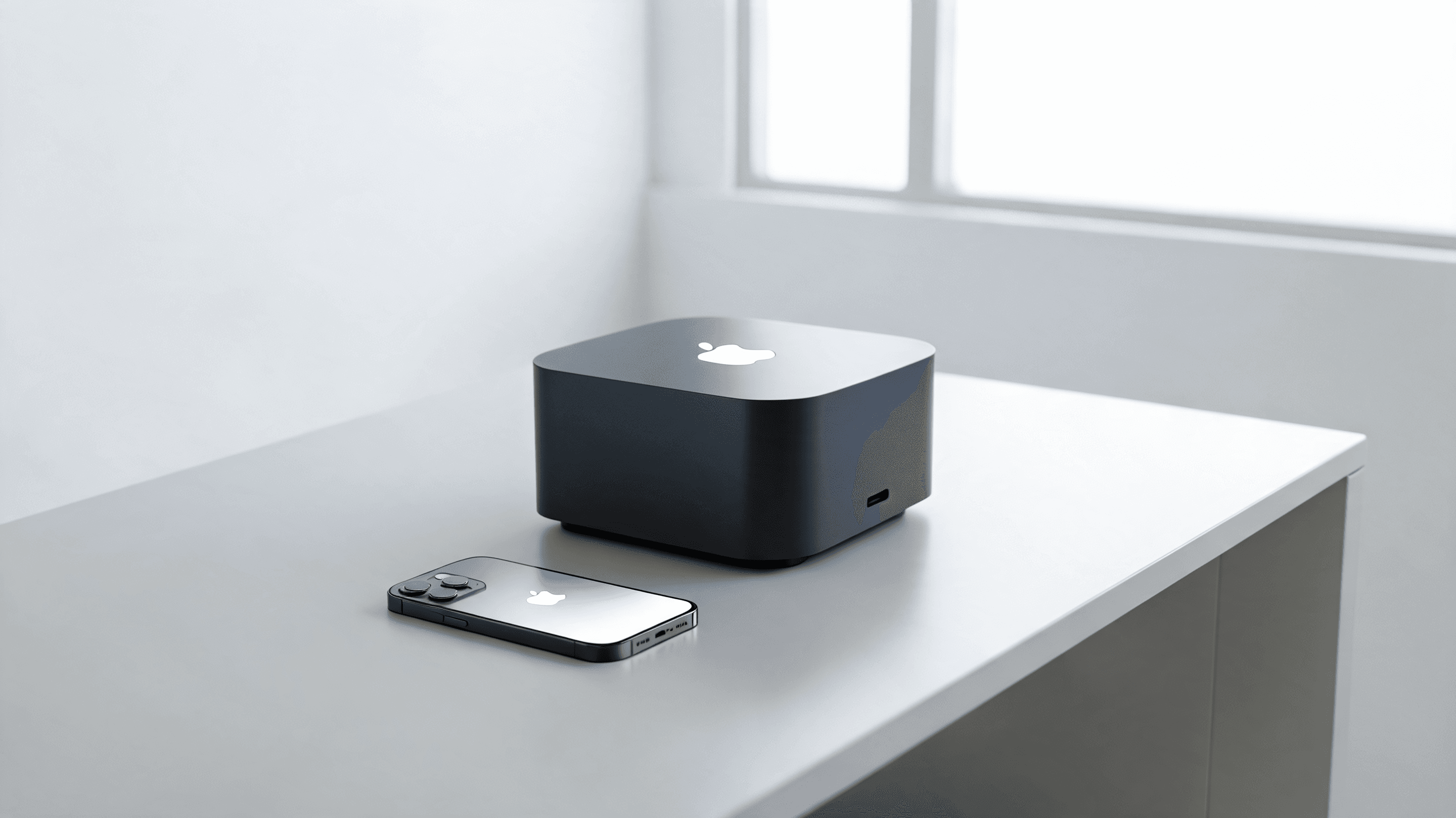 A modern, minimalist office workspace featuring an Apple iPhone 17 and a Mac Studio, with soft studi