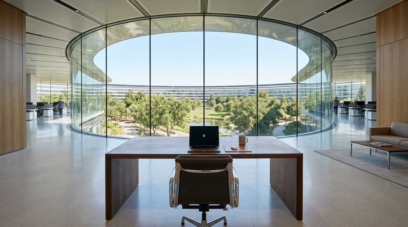 A professional portrait of an empty executive office chair at Apple Park headquarters, daylight, mod