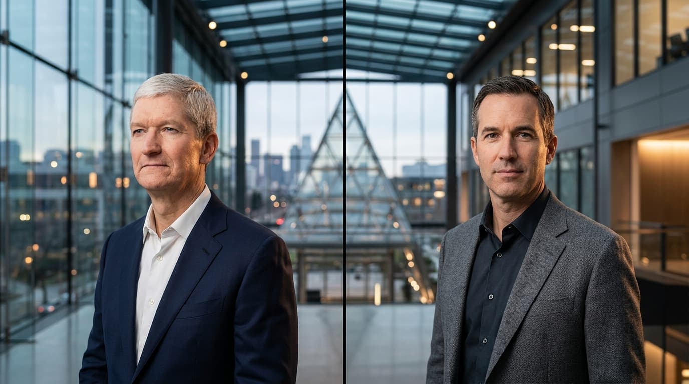 A professional portrait of Tim Cook on one side and John Ternus on the other, symbolizing a corporat