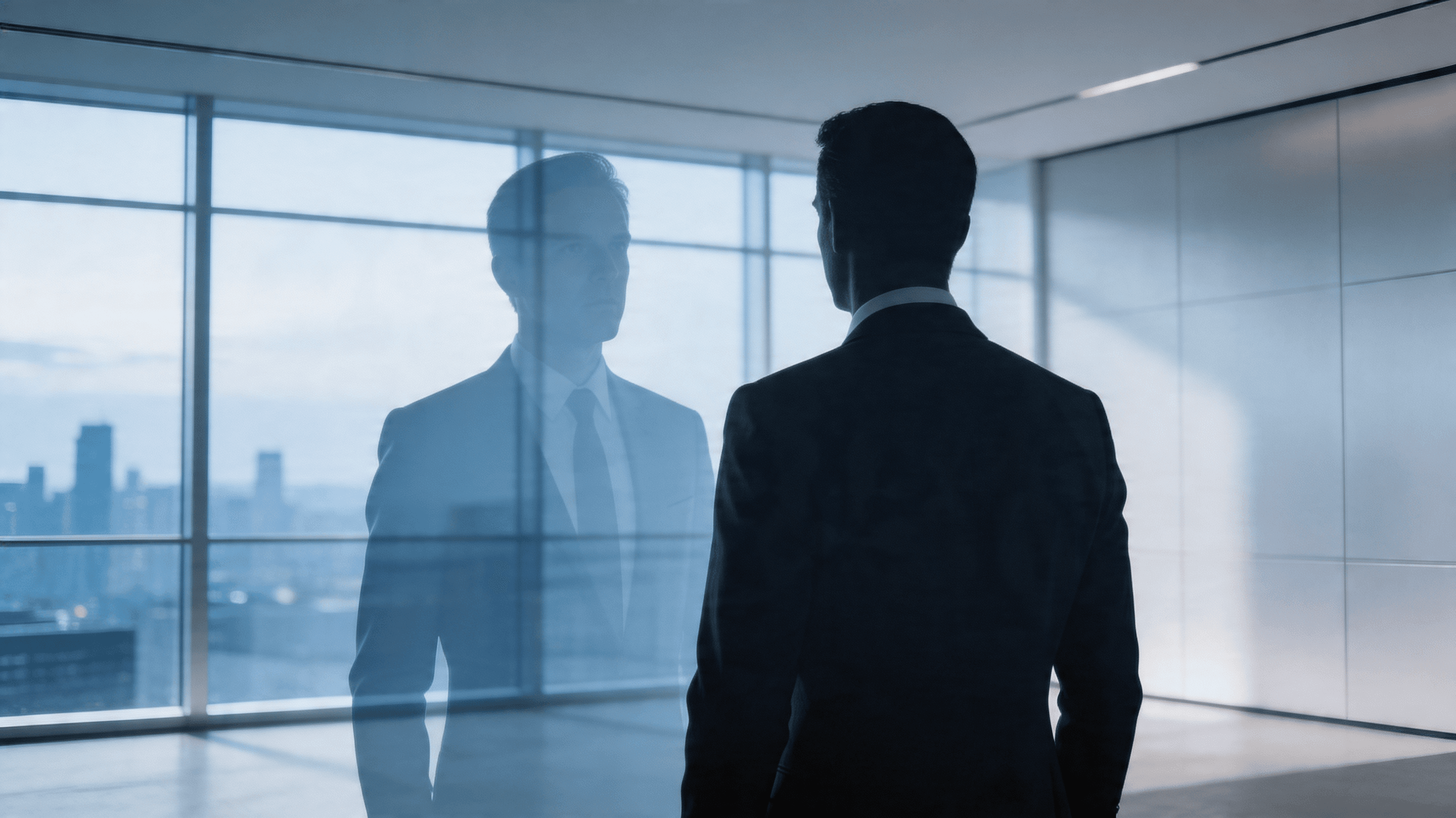 A professional portrait-style digital artwork featuring the silhouette of a leadership transition, w