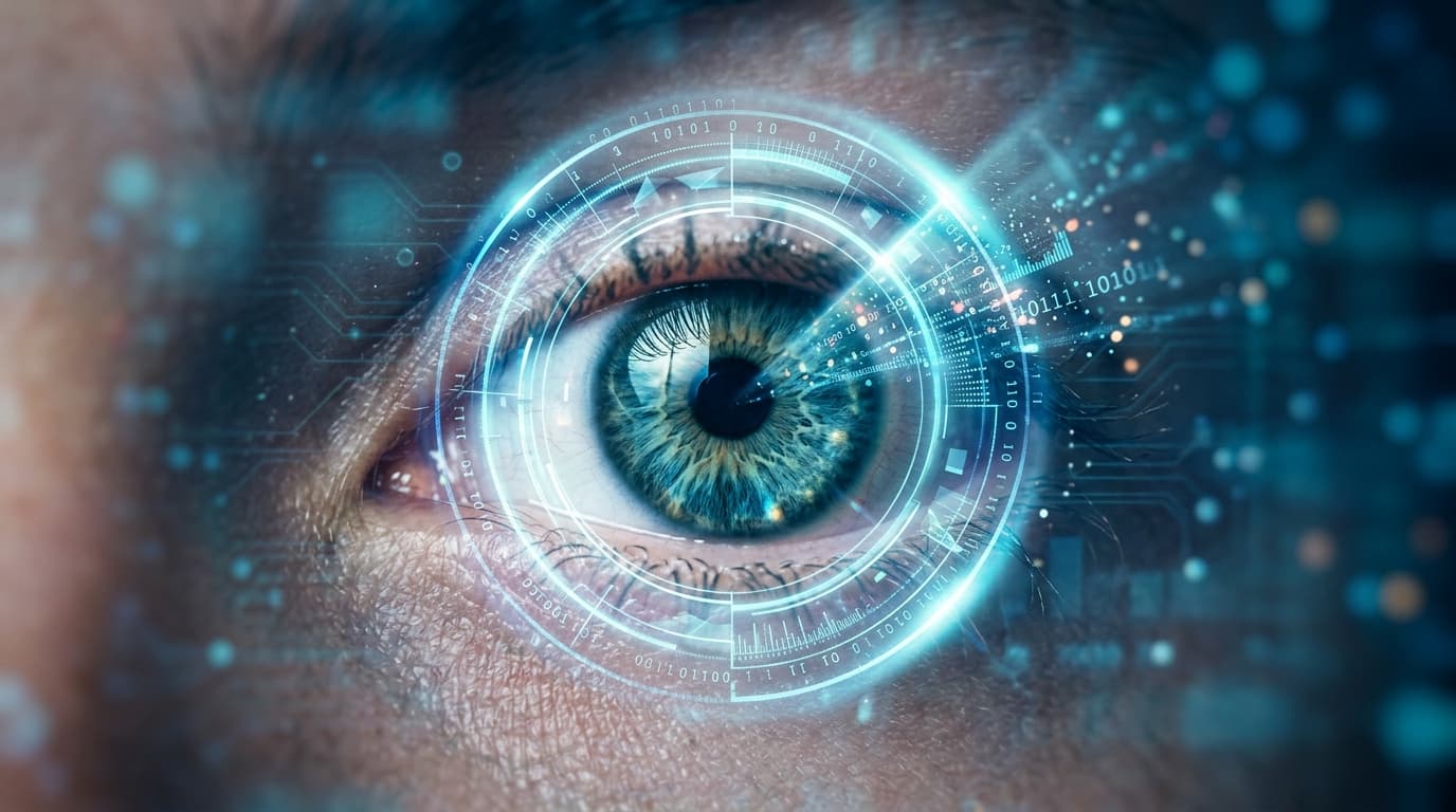 A conceptual, futuristic image showing a human eye being scanned by a digital, glowing ring, symboli