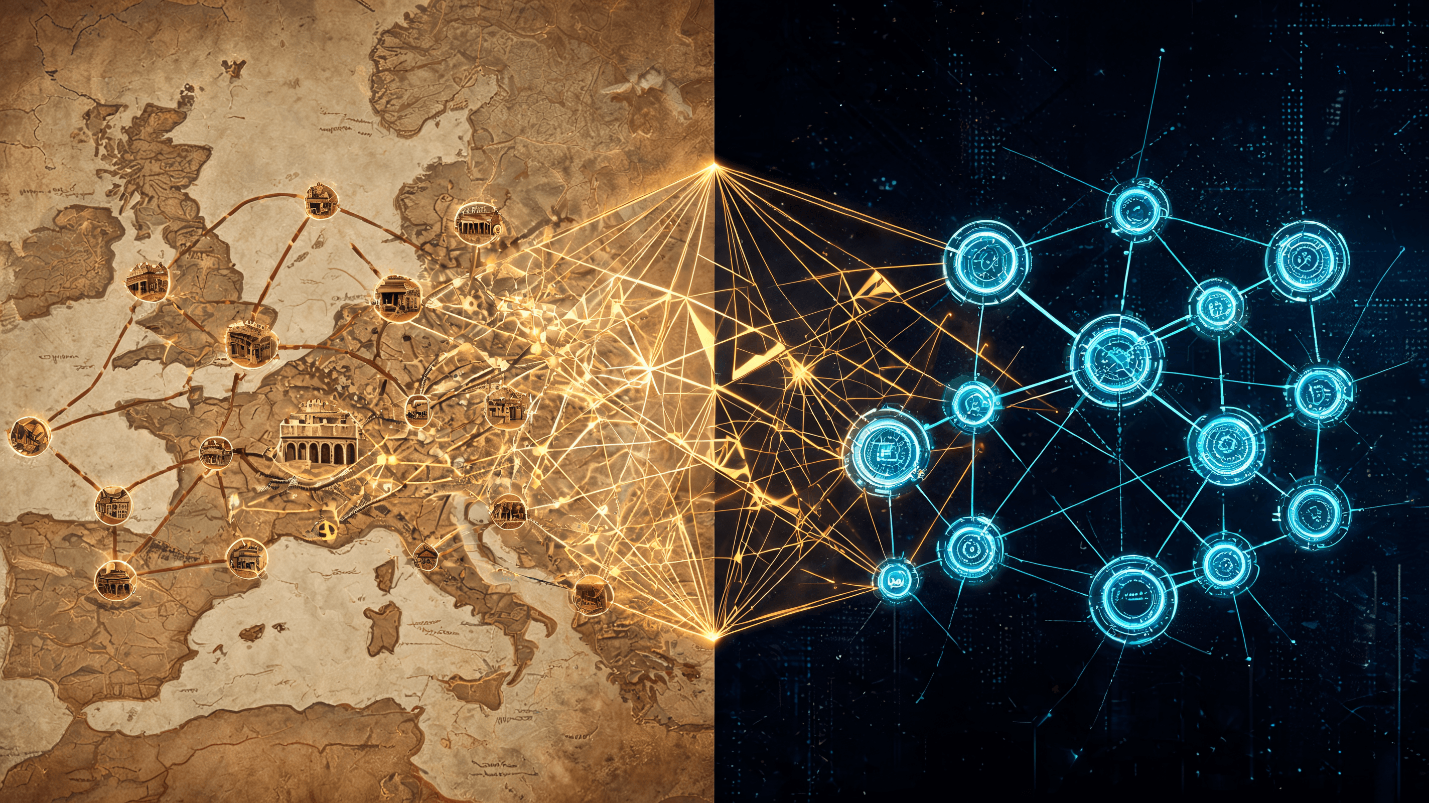 A dual-visual conceptual art: one side shows ancient Roman map-like trade nodes connected by lines,