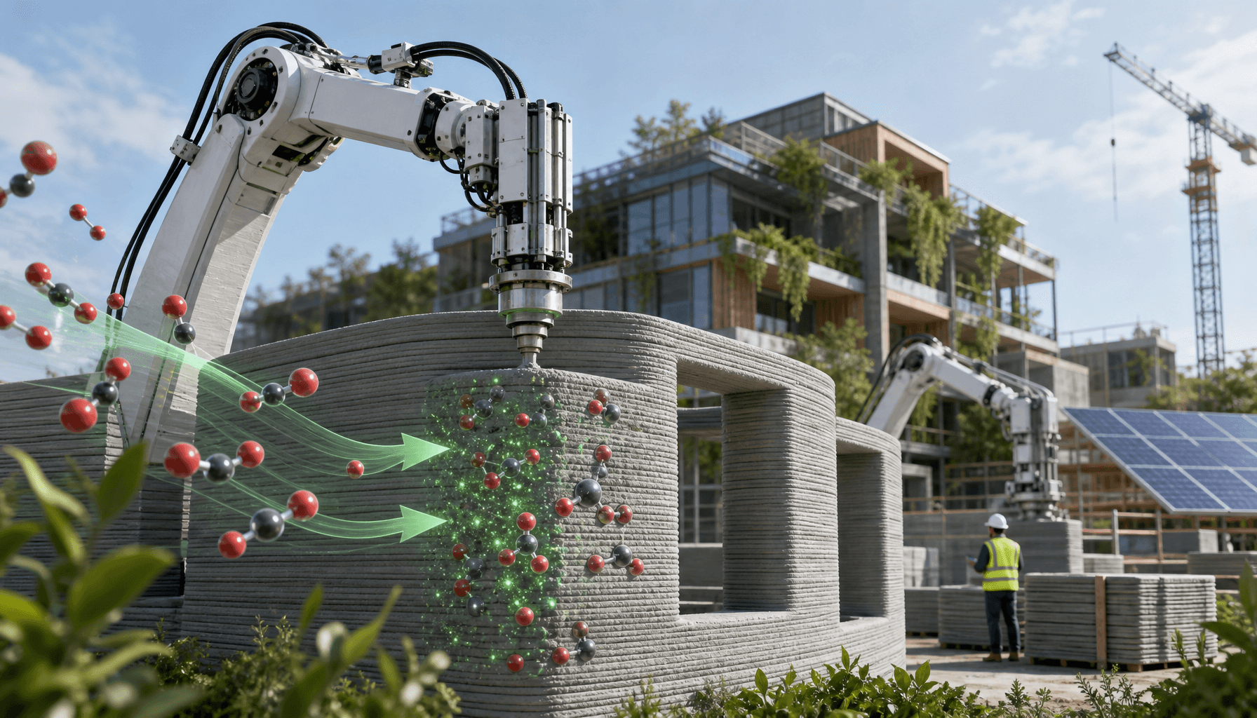 A modern, eco-friendly building construction site featuring 3D concrete printing robotic arms and a
