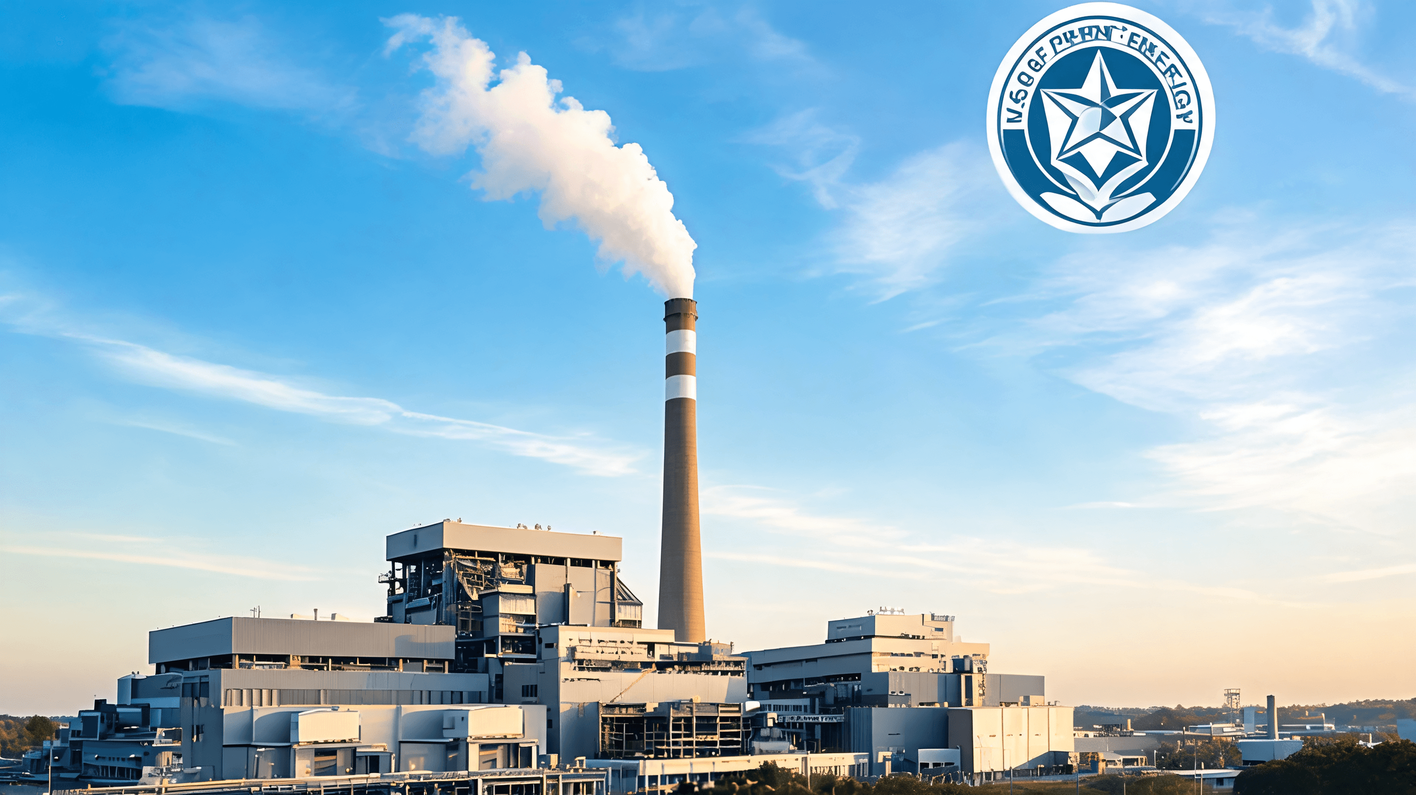 A modern coal power plant chimney venting steam under a clear blue sky, next to a U.S. Department of