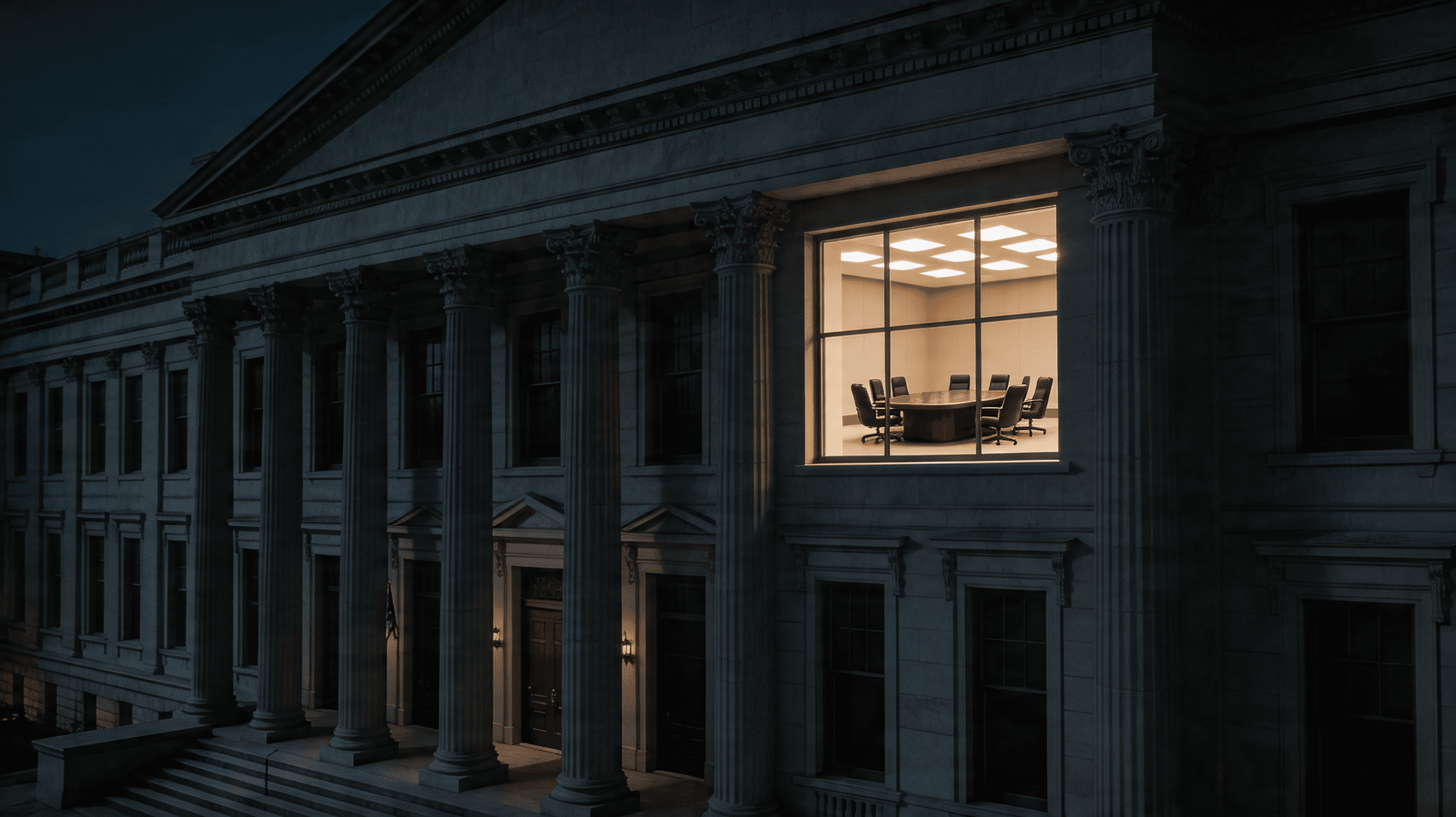 A stark, dramatic image of a dark U.S. government building with light illuminating a empty board roo