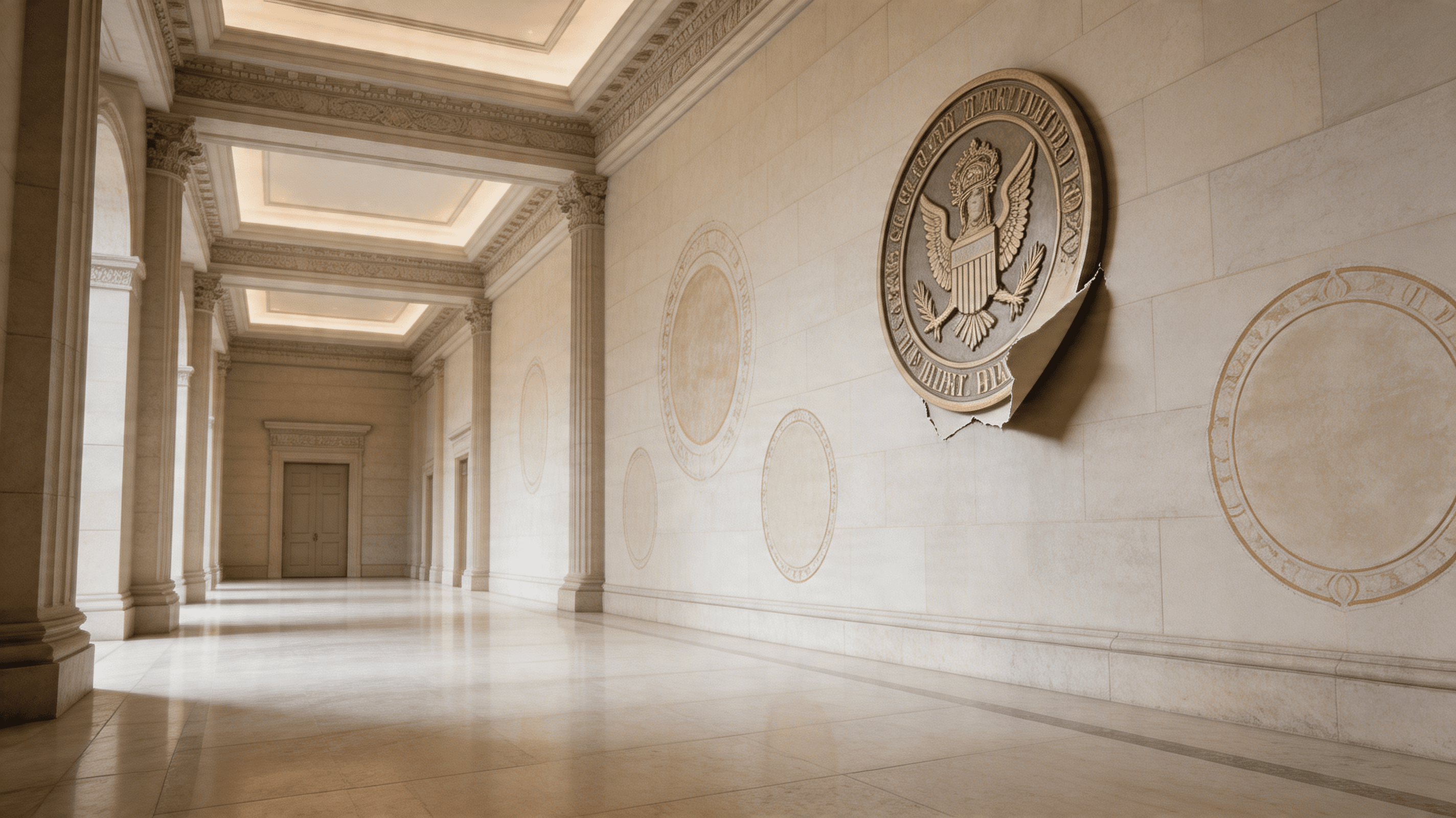 A conceptual image showing a large, empty stone government building hallway with official seals bein
