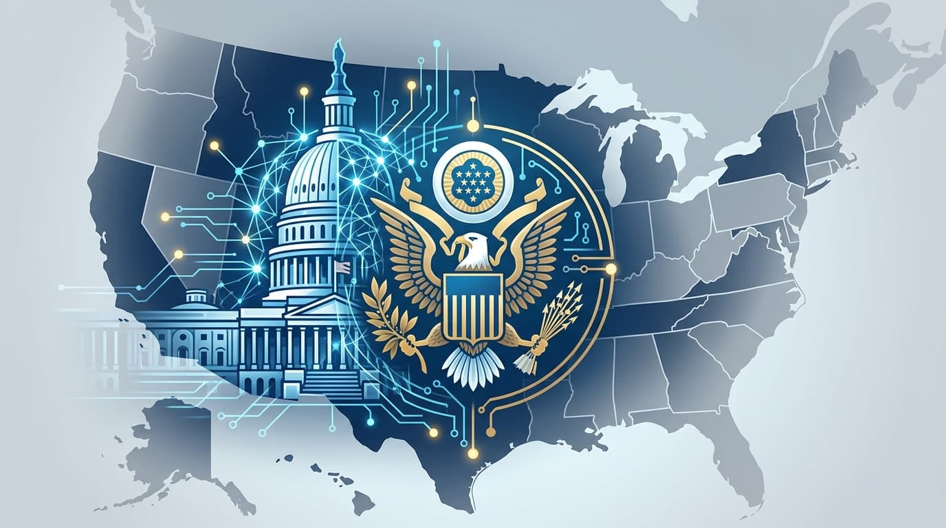An abstract digital illustration representing the US Capitol building integrated with neural network