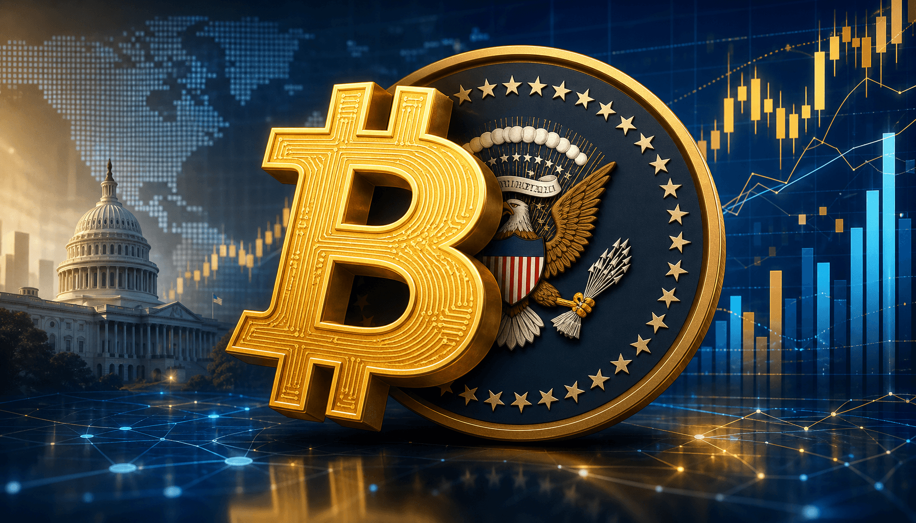 A digital illustration of a golden Bitcoin symbol overlapping a stylized presidential seal, with cha