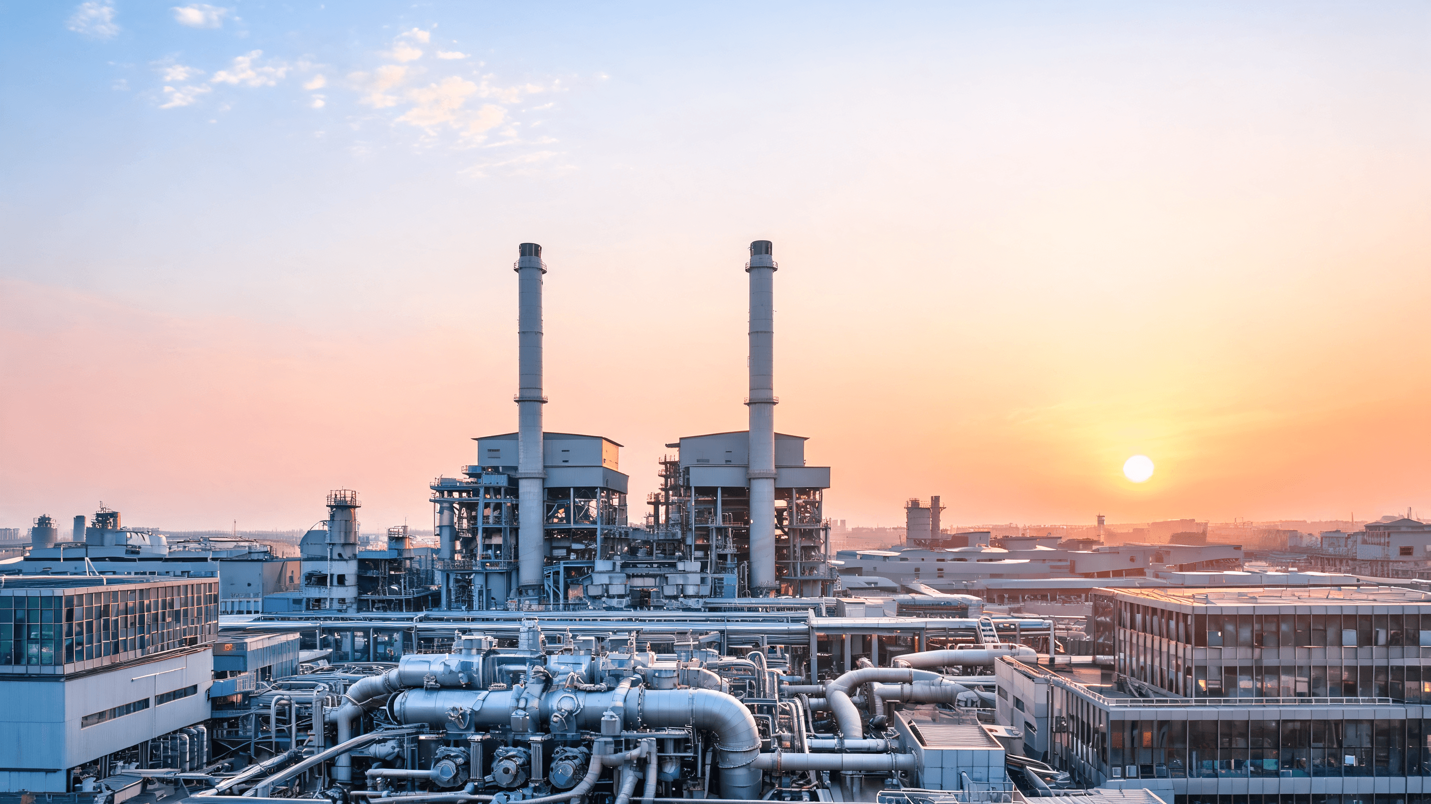 A modern coal-fired power plant with sleek, upgraded technological equipment in the foreground, with