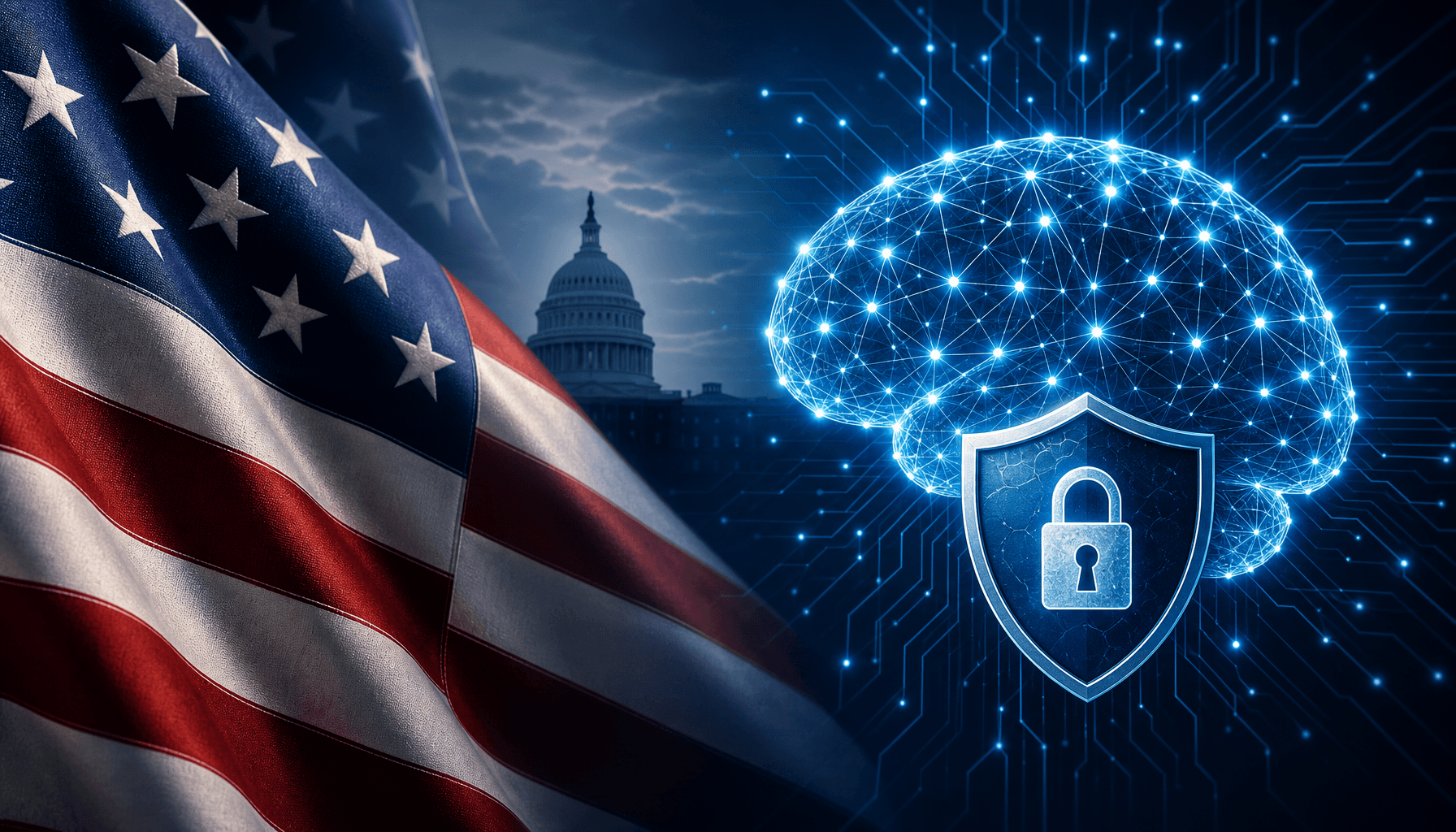 A digital illustration showing the contrast between a stylized US flag and a glowing, secure neural