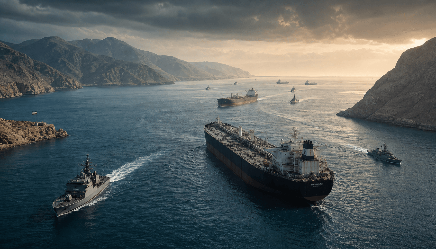 A tactical view of the Strait of Hormuz with large oil tankers and naval patrol ships, cinematic lig
