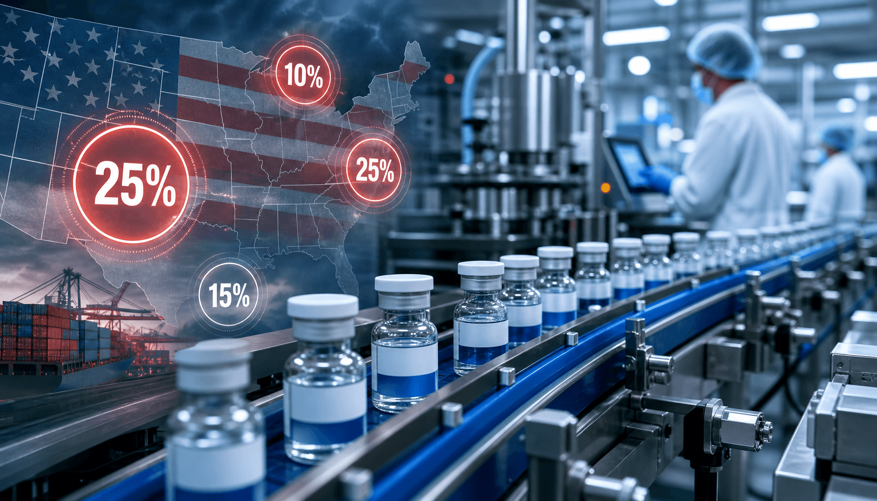 A modern pharmaceutical factory assembly line with a digital overlay of US tariff percentage icons,