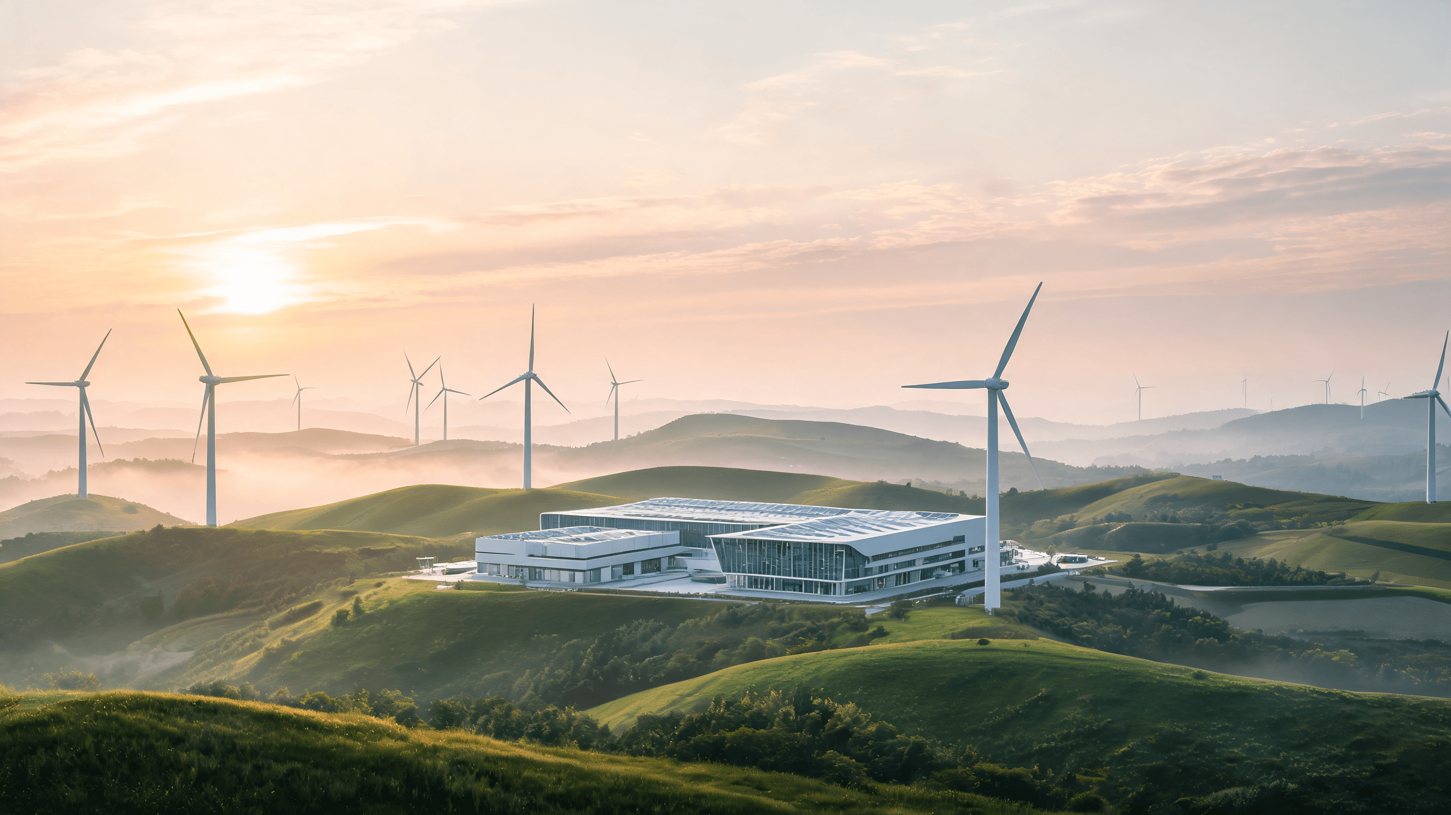 A modern wind farm landscape integrated with a high-tech manufacturing facility aesthetic, clean ene