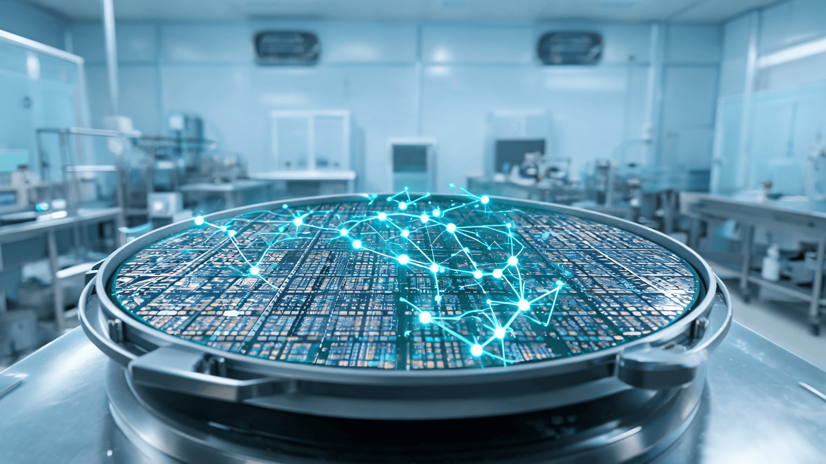 Close-up of a high-tech semiconductor wafer on a clean-room production line, abstract glowing neural