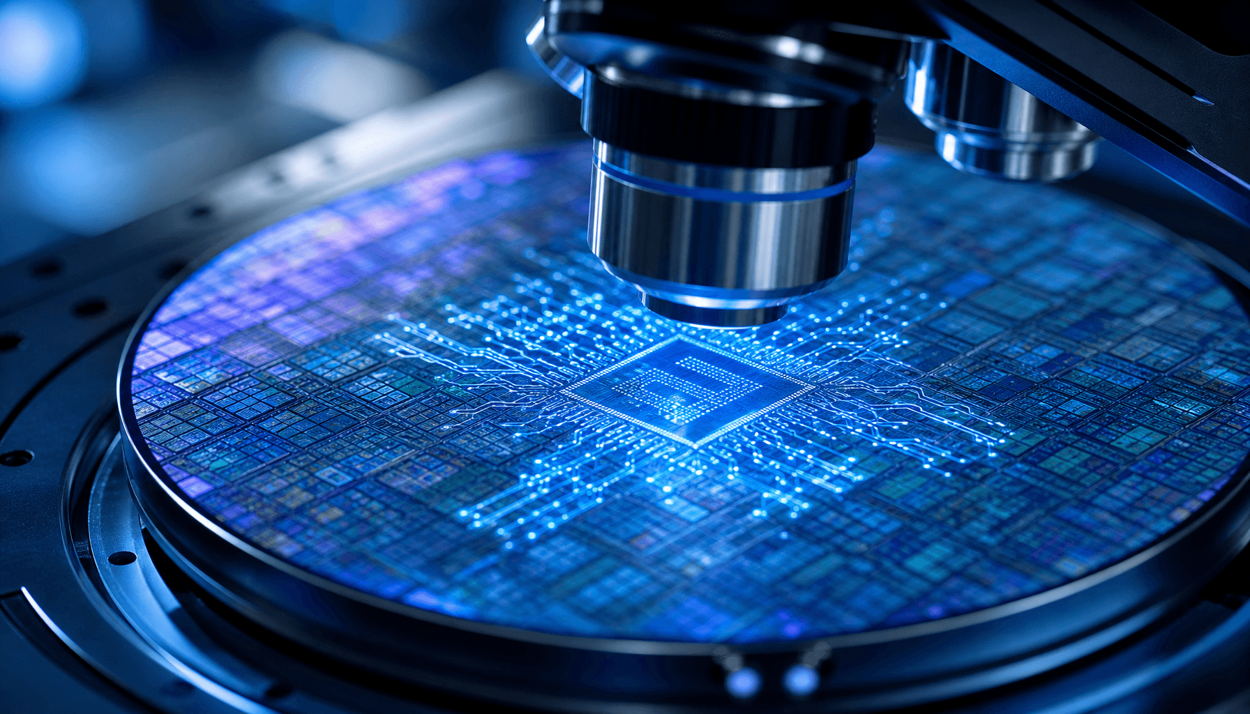 A close-up shot of a silicon wafer under a microscope with glowing blue AI circuit patterns, futuris