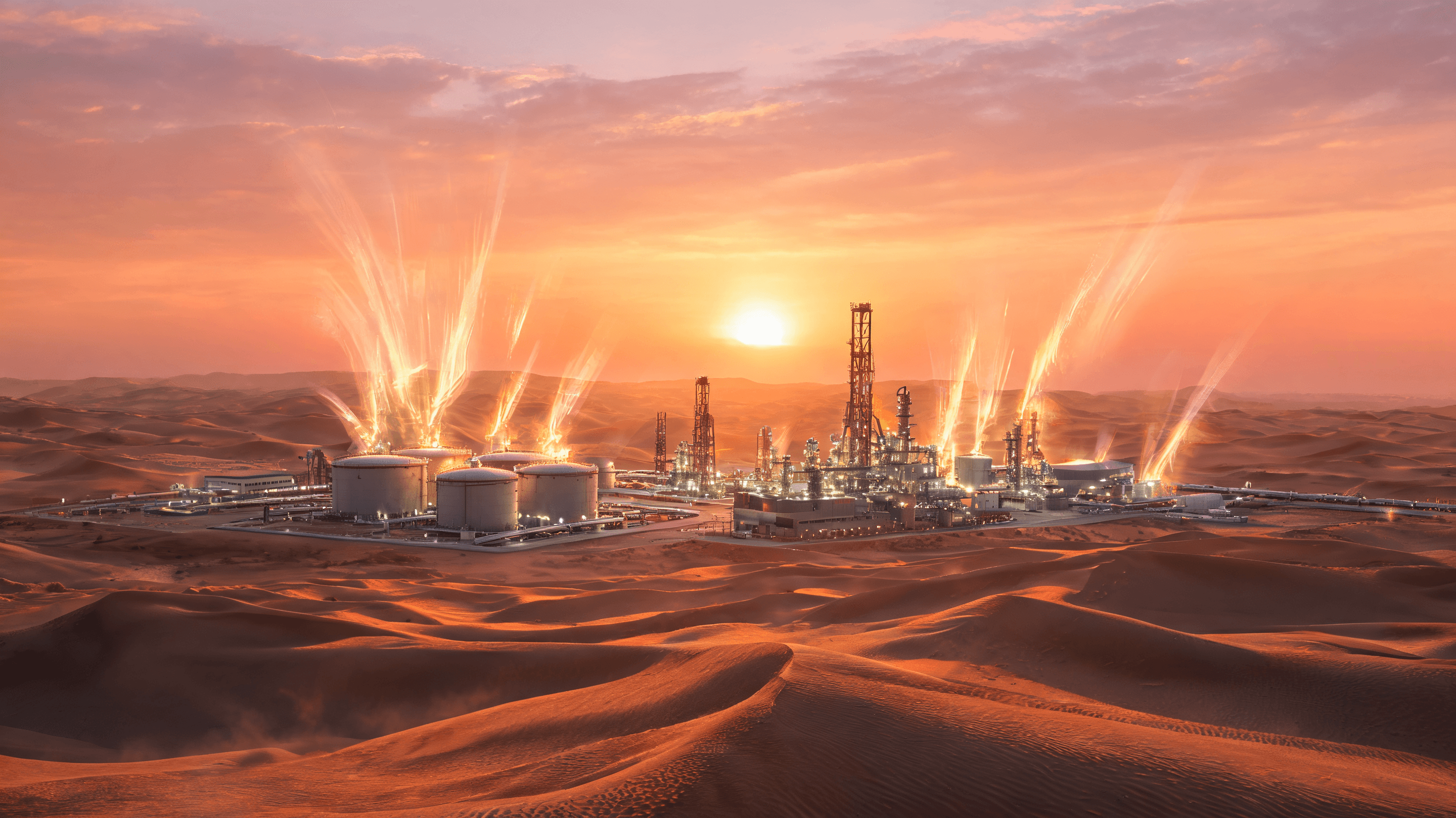 A dramatic landscape image of a modern oil infrastructure complex in the desert at sunset, with abst