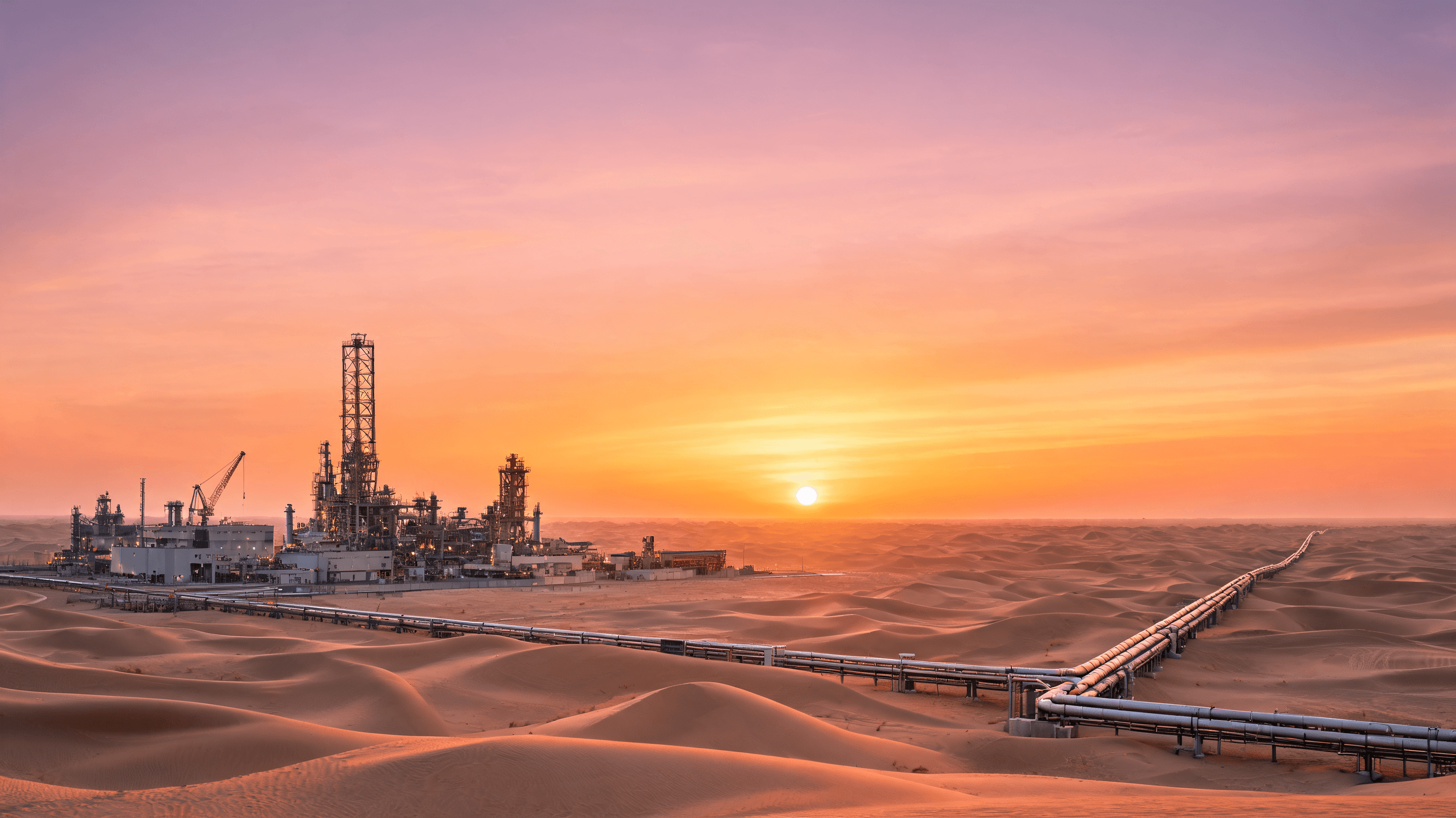 A vast oil rig facility in the desert landscape of the UAE, sunset sky, pipelines stretching towards