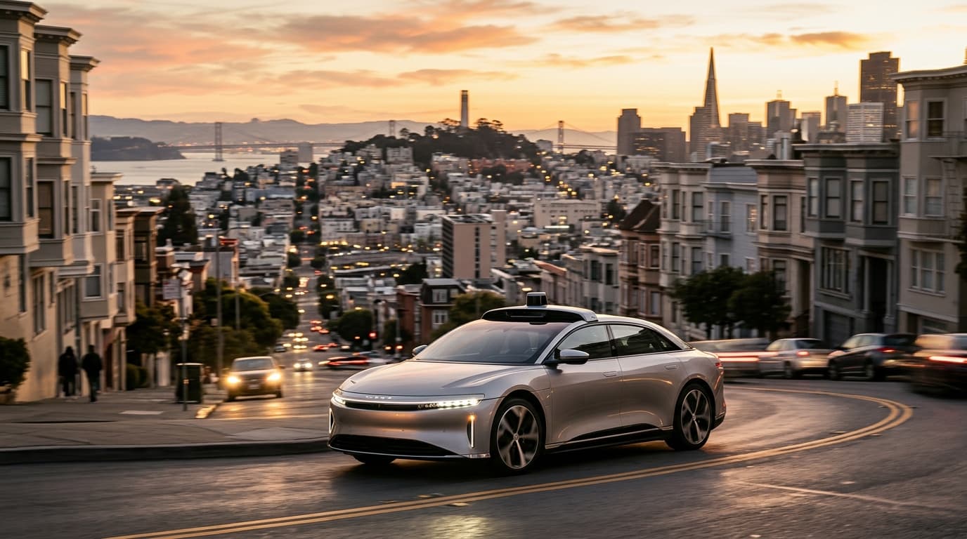 A modern autonomous luxury sedan driving through the streets of San Francisco, golden hour light, bl