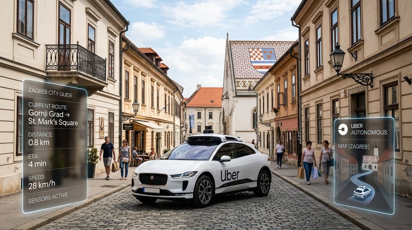 A modern autonomous vehicle driving through a picturesque European street in Zagreb, with digital UI
