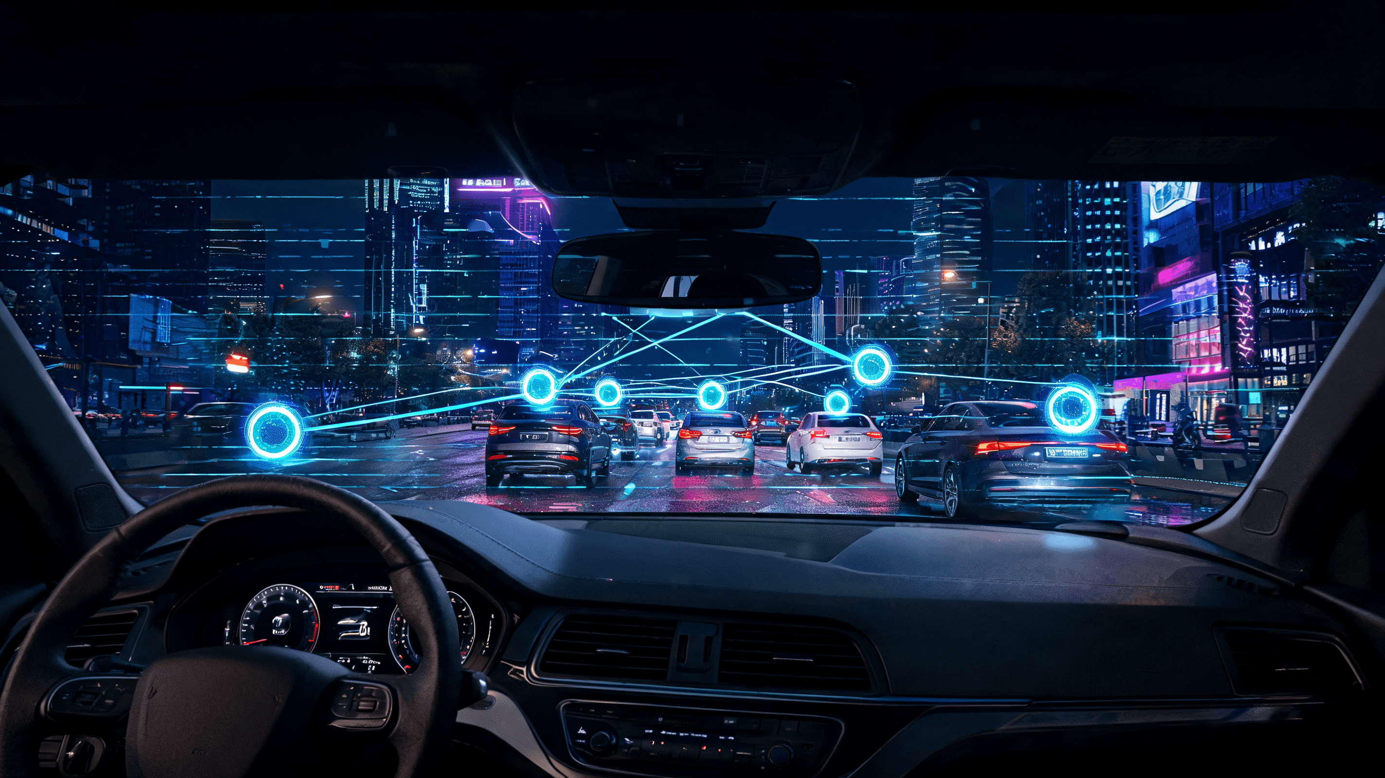 A view from a car dashboard with digital data overlays scanning the street, futuristic urban night s