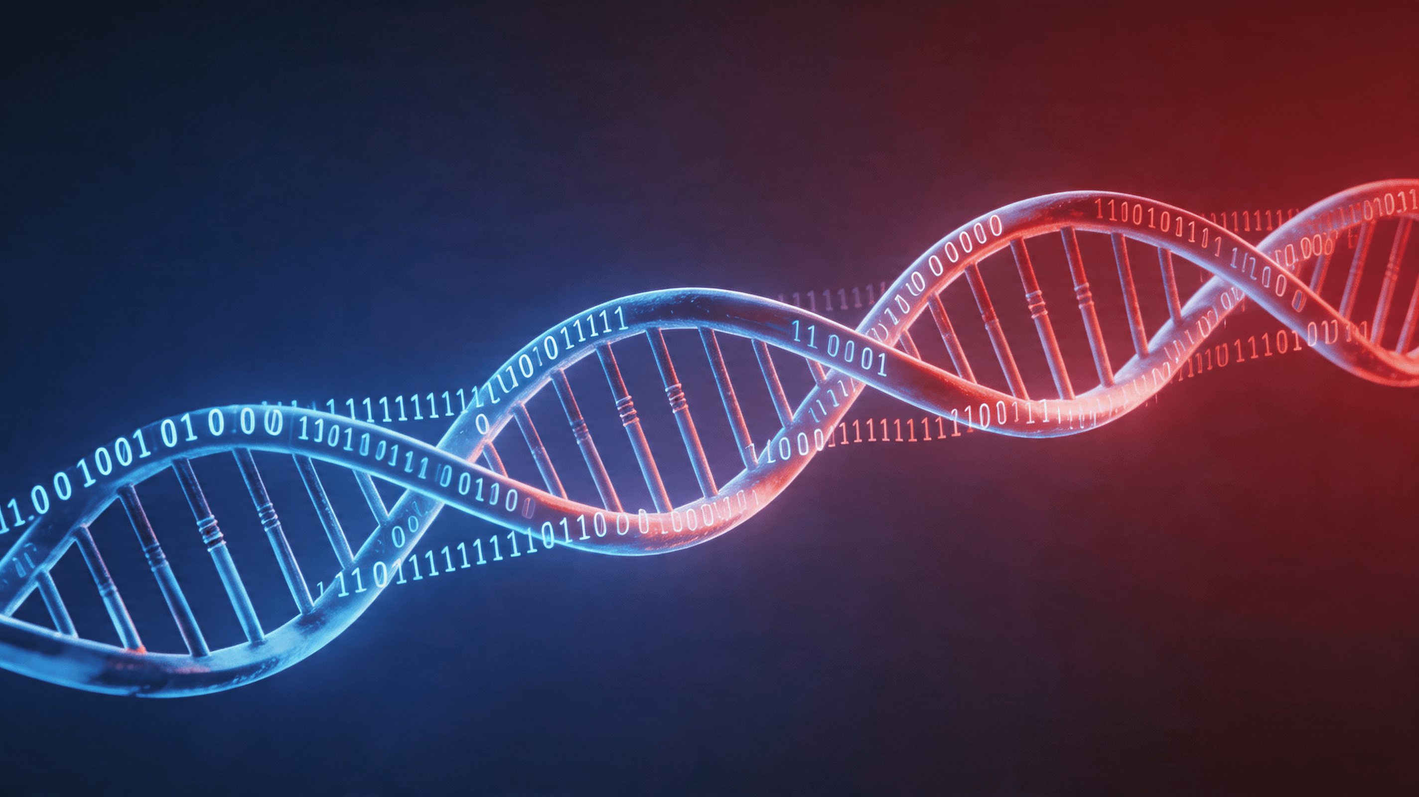 A digital graphic representing data security and bio-informatics, lines of binary code overlaying an
