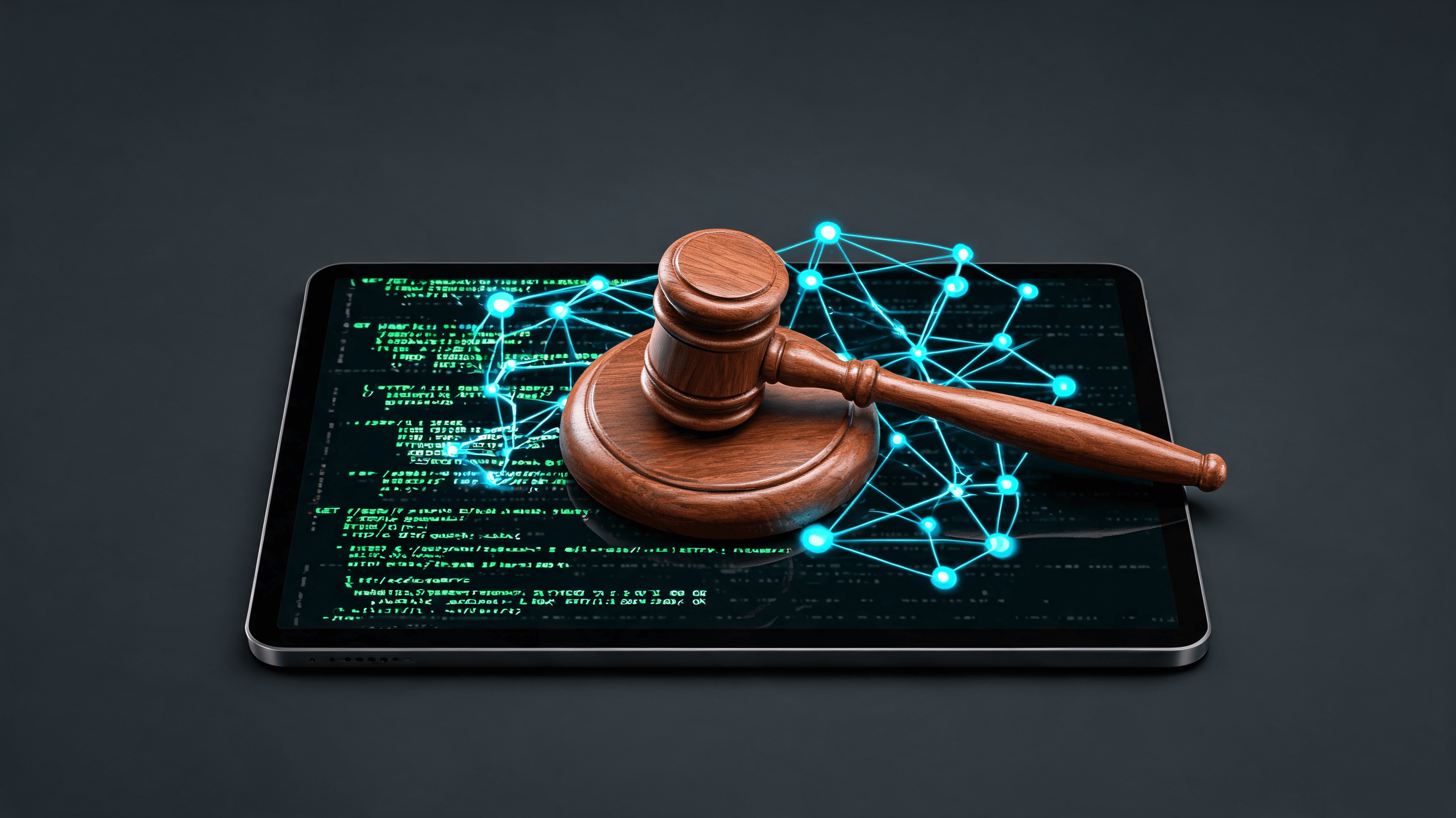 A modern, professional illustration of a legal gavel sitting on a digital tablet displaying search e