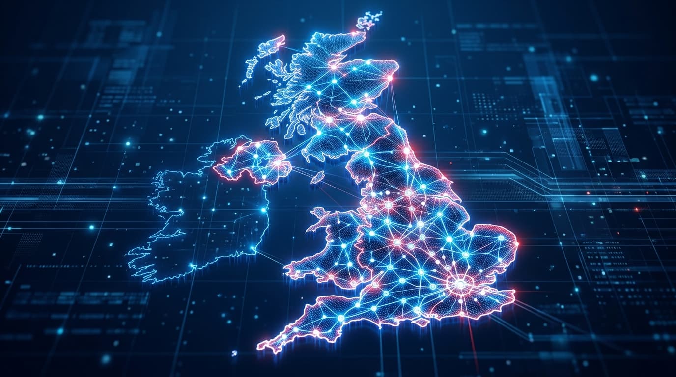 A conceptual illustration of a digital map of the United Kingdom with glowing neural network nodes c