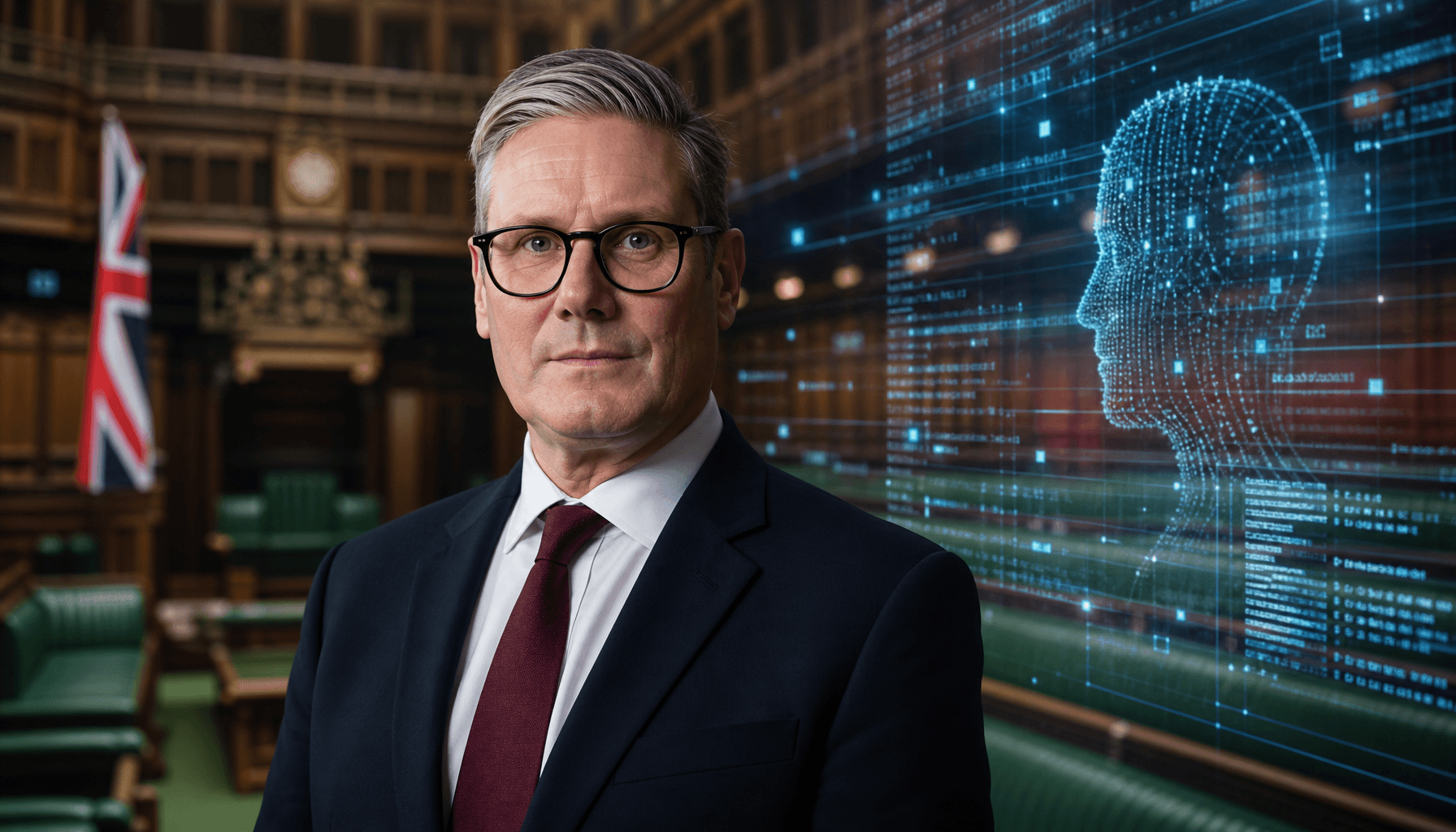 A formal portrait of a government official in the UK parliament, with digital AI code projections in