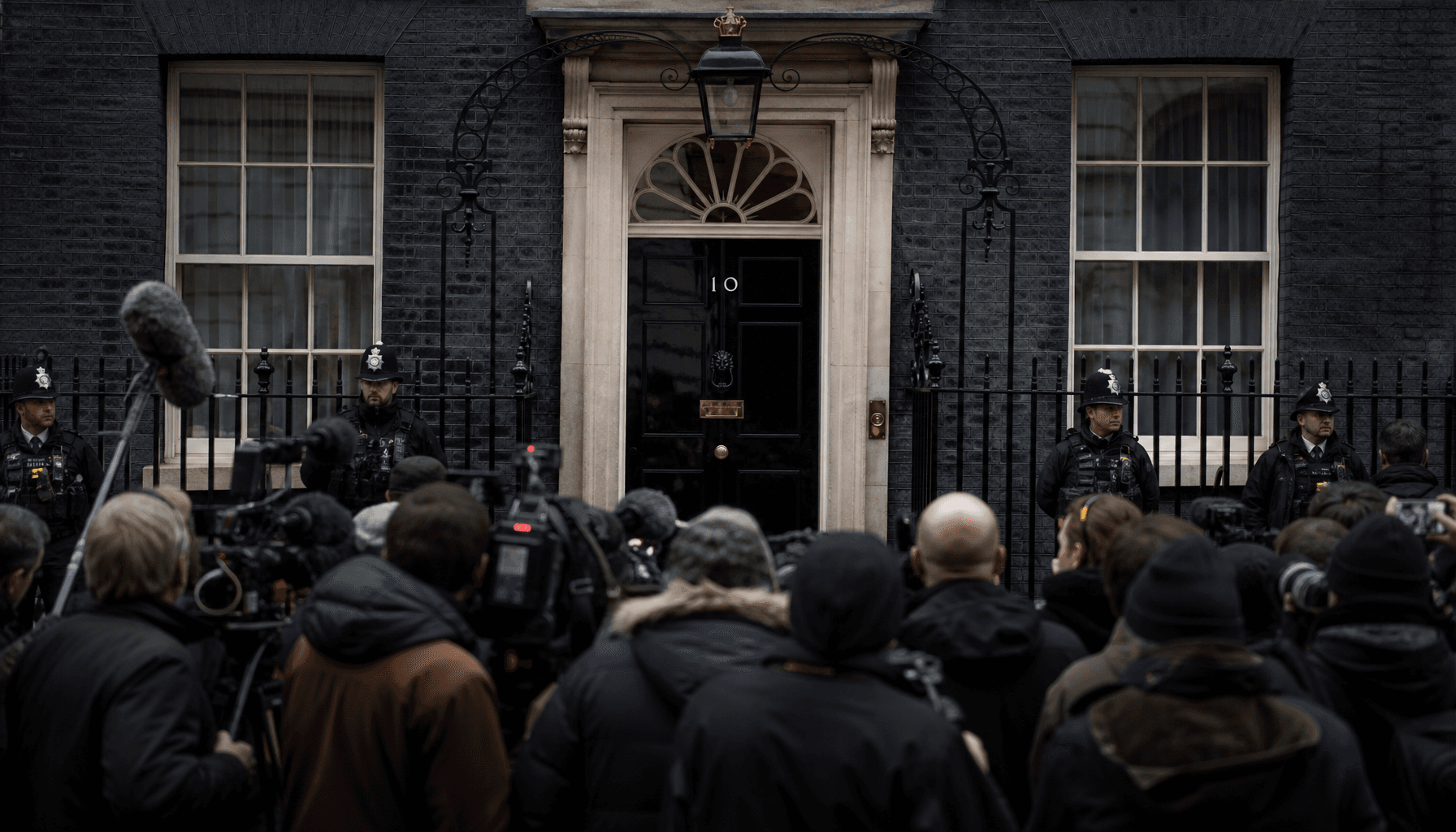 A dramatic photograph of the 10 Downing Street entrance in London, with a crowd of journalists and p