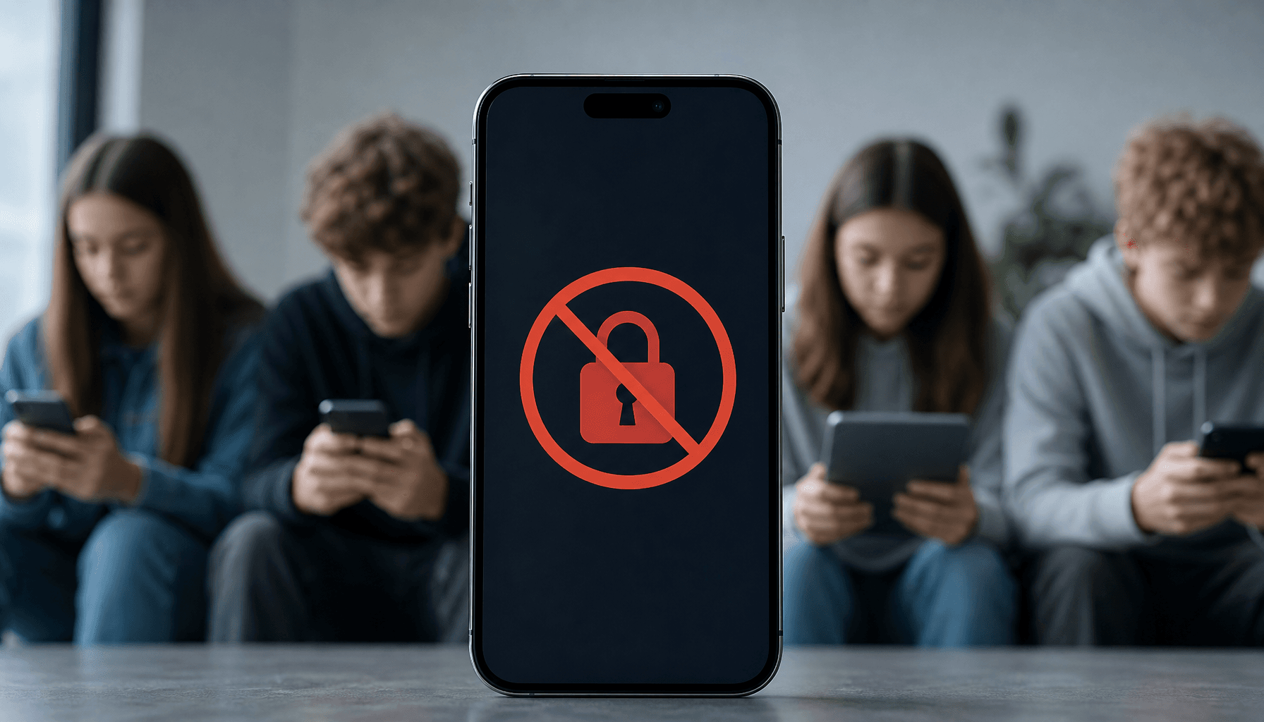 A conceptual image of a smartphone screen showing a 'restricted access' icon, with a blurred backgro