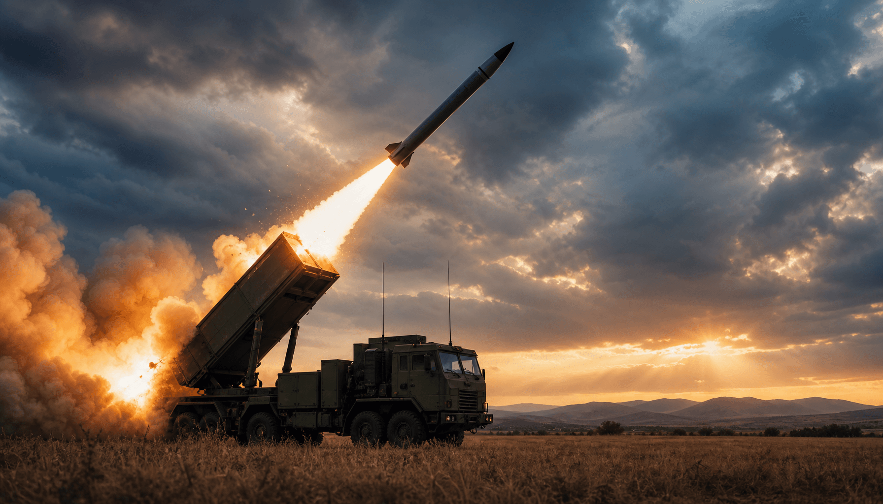 A tactical military missile launch sequence in a field, with a dramatic sky background, symbolizing