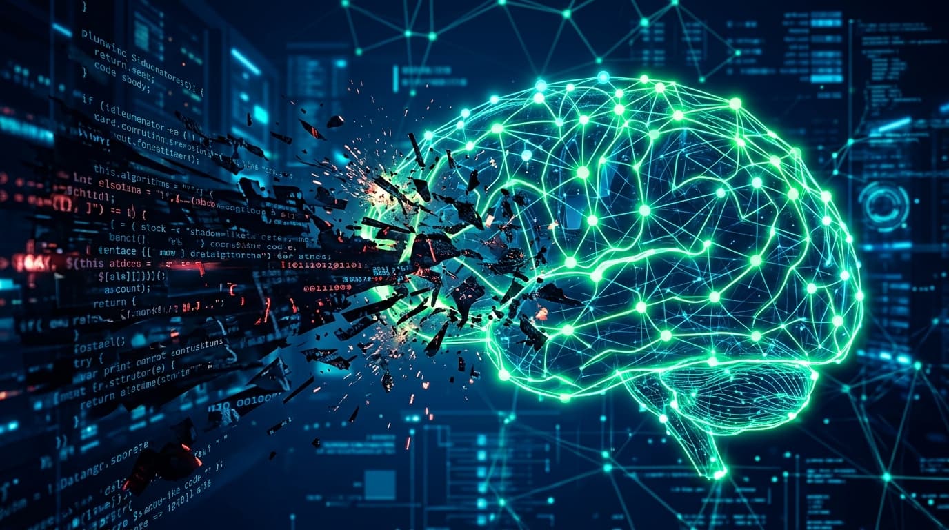A sophisticated, glowing digital representation of a neural network being breached by shadow-like co
