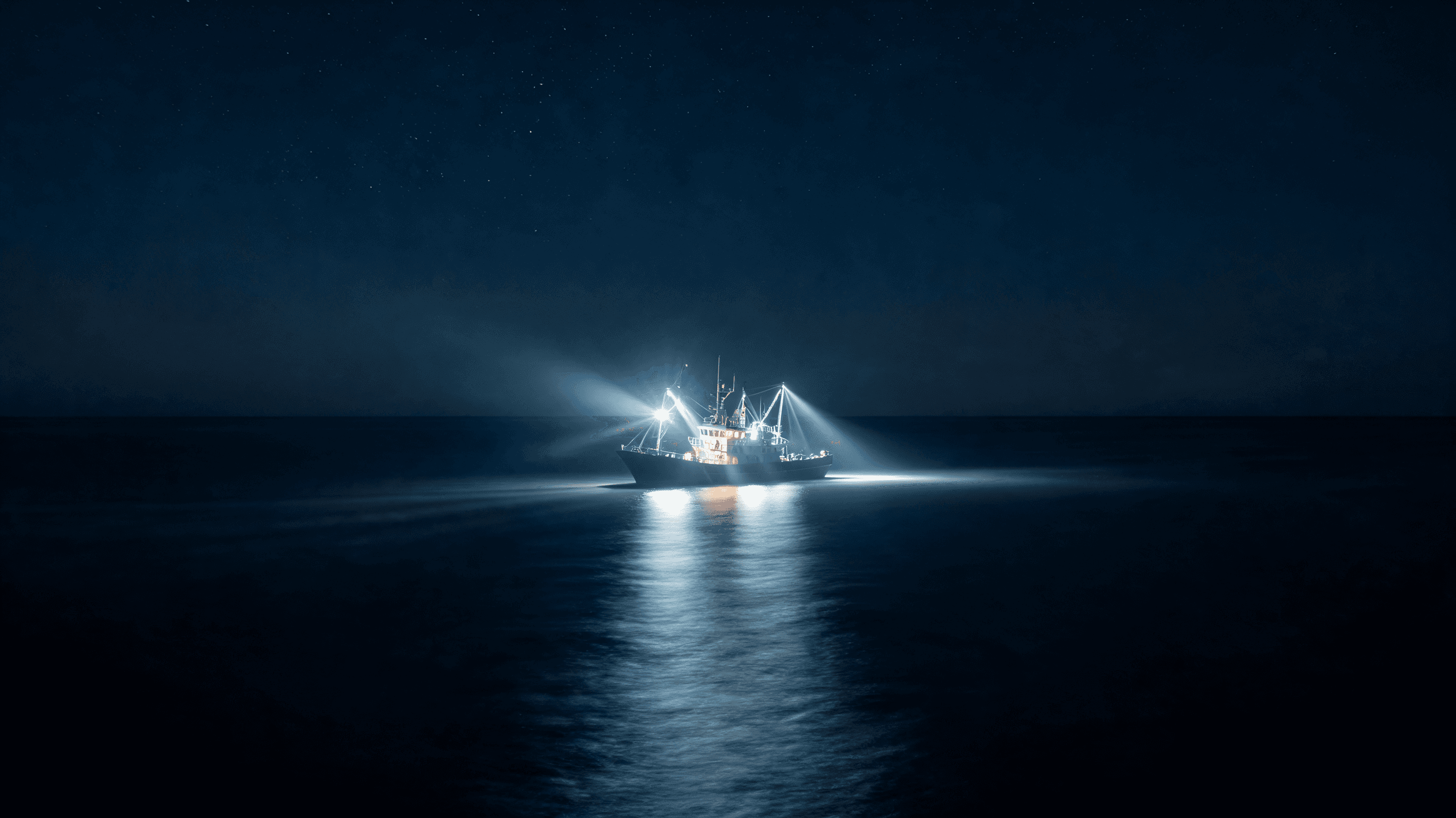 A night time long-exposure shot of a fishing vessel in the middle of a dark, vast ocean, with bright