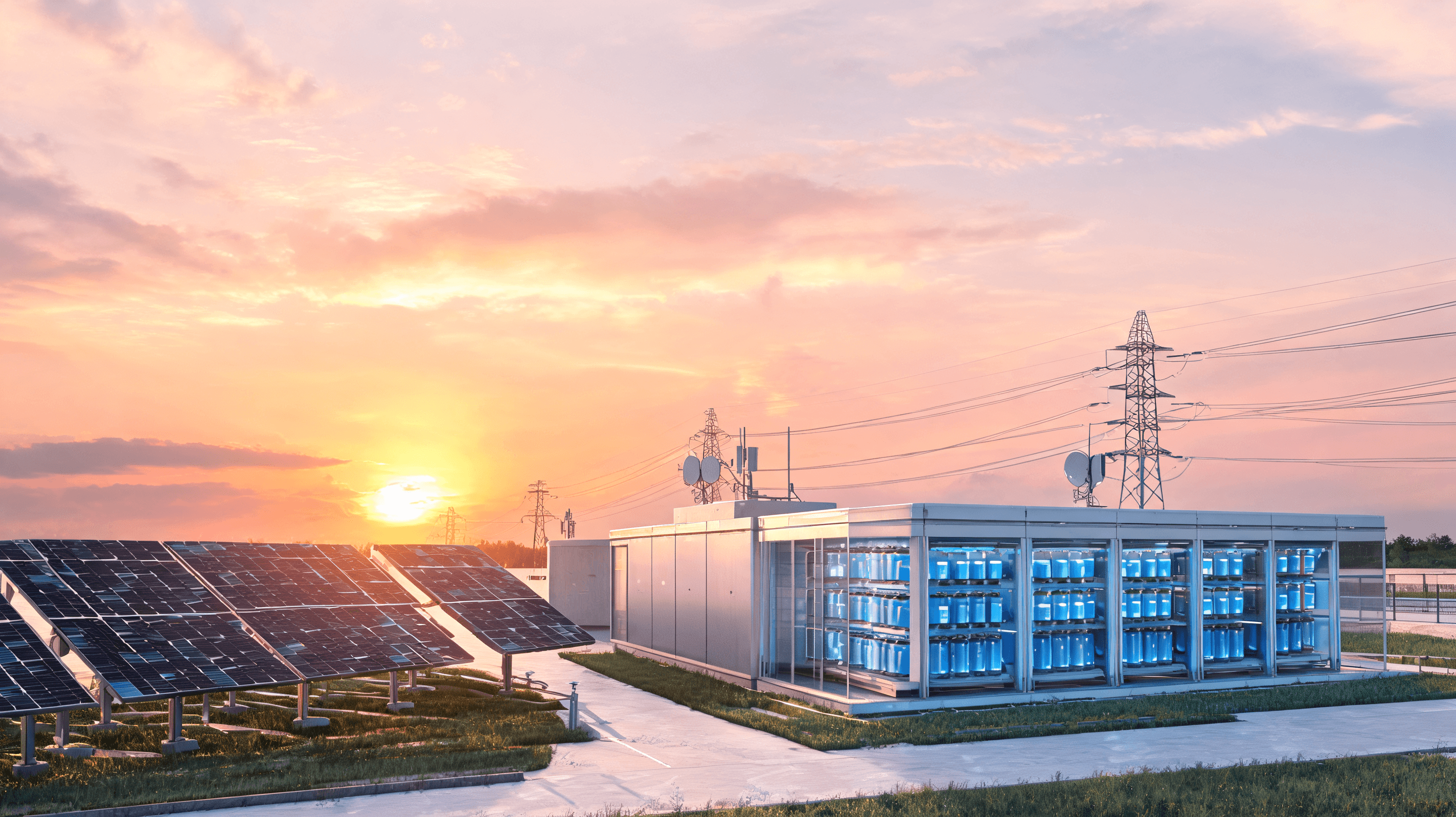 Futuristic clean energy storage station, glowing battery cells, solar panels, smart grid infrastruct