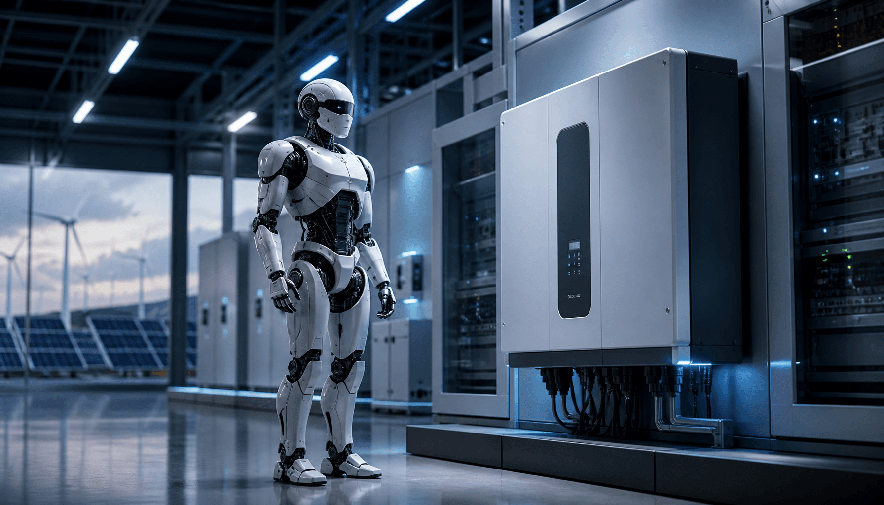 A high-tech industrial facility with a sleek humanoid robot standing next to a large power inverter,