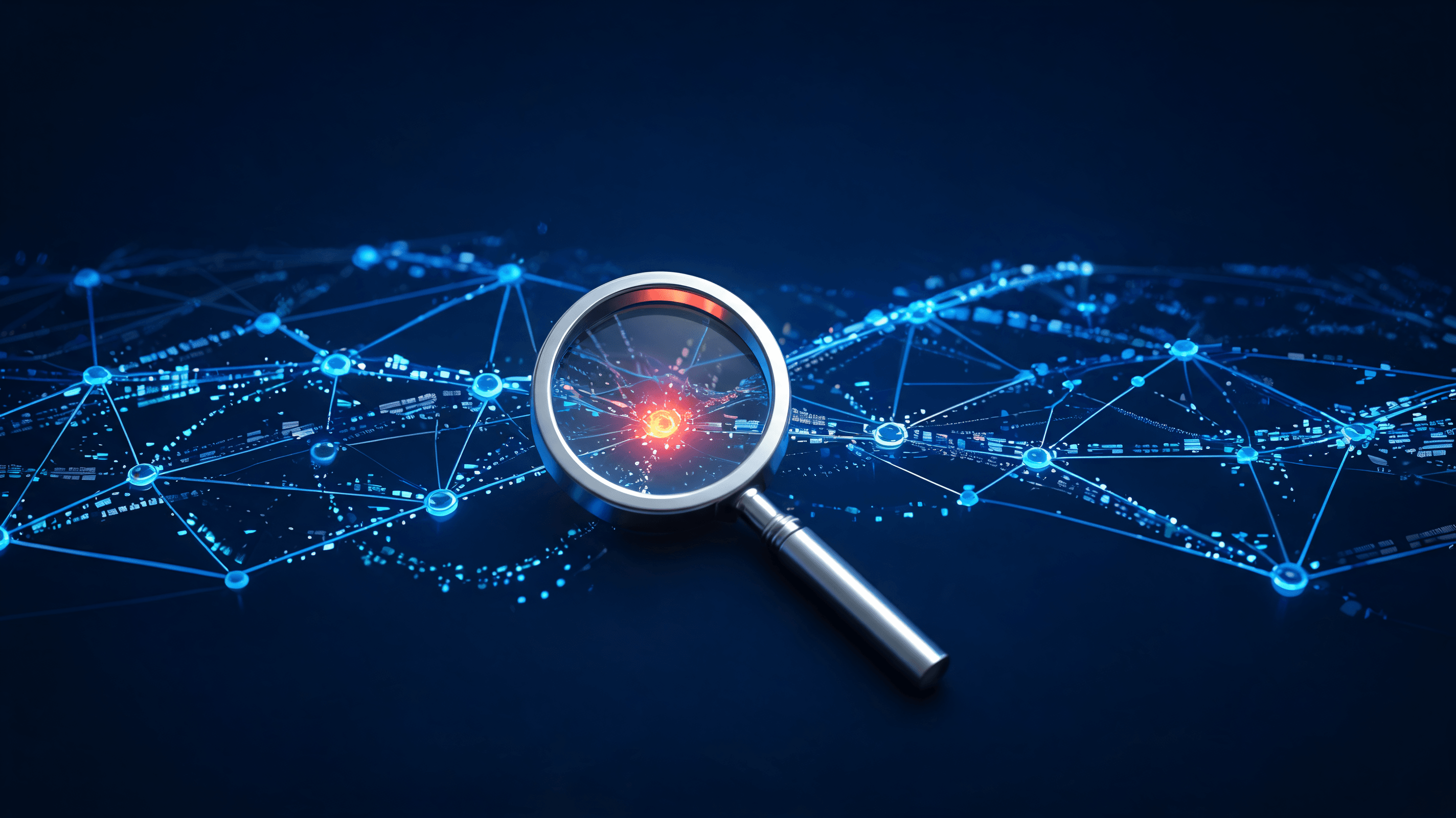 A visualization of financial data streams flowing through a glowing blue AI network, a magnifying gl