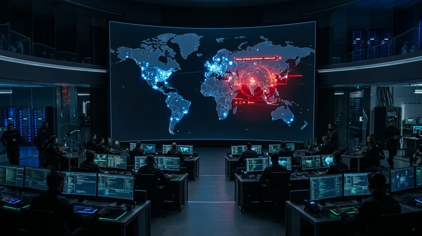 A dark cinematic view of a futuristic cybersecurity operations center, with large holographic screen