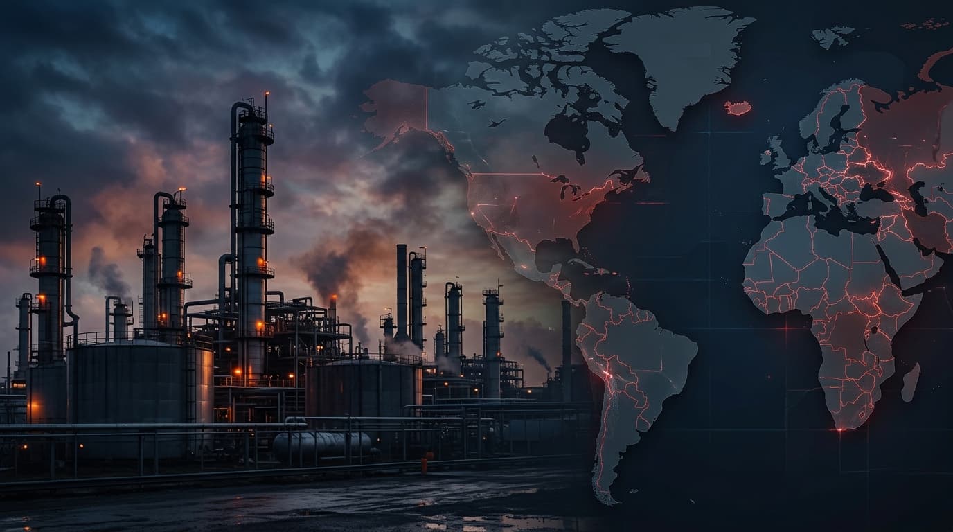 An oil refinery landscape contrasted with a stylized world map representing geopolitical instability