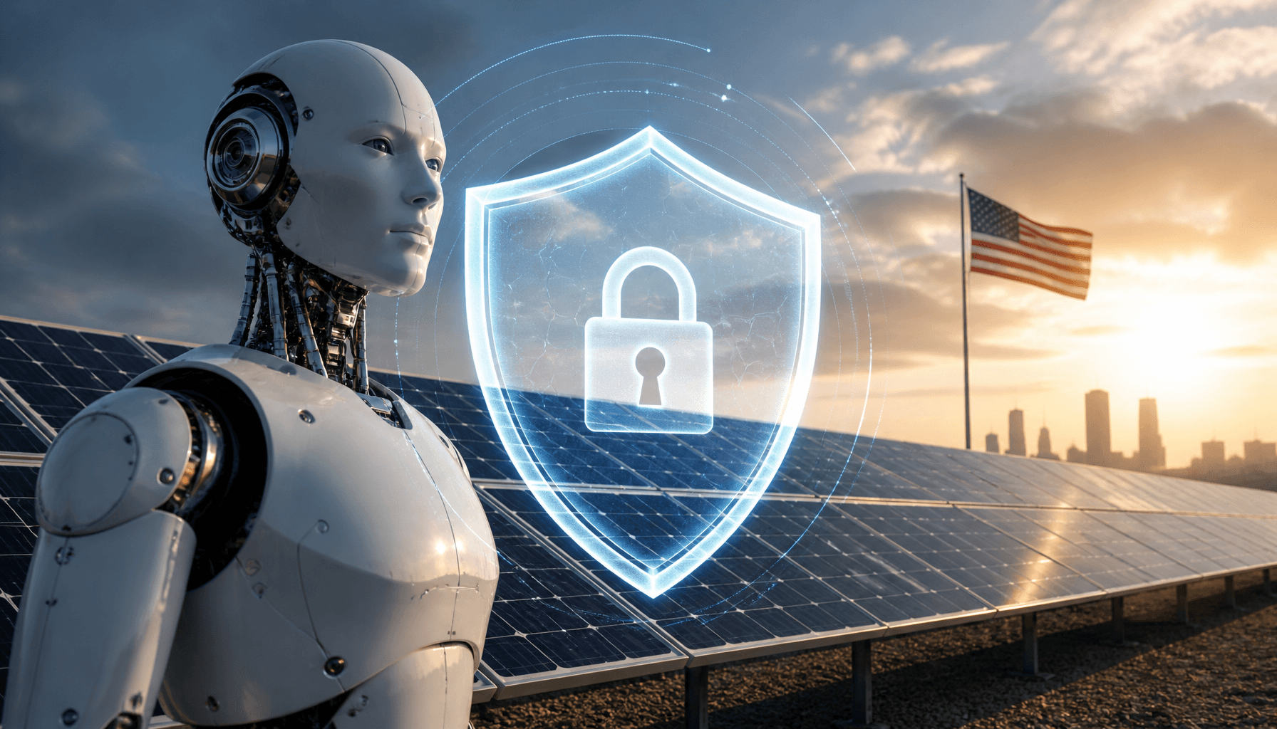 A conceptual graphic showing a security shield icon overlaying a humanoid robot and a solar panel ar