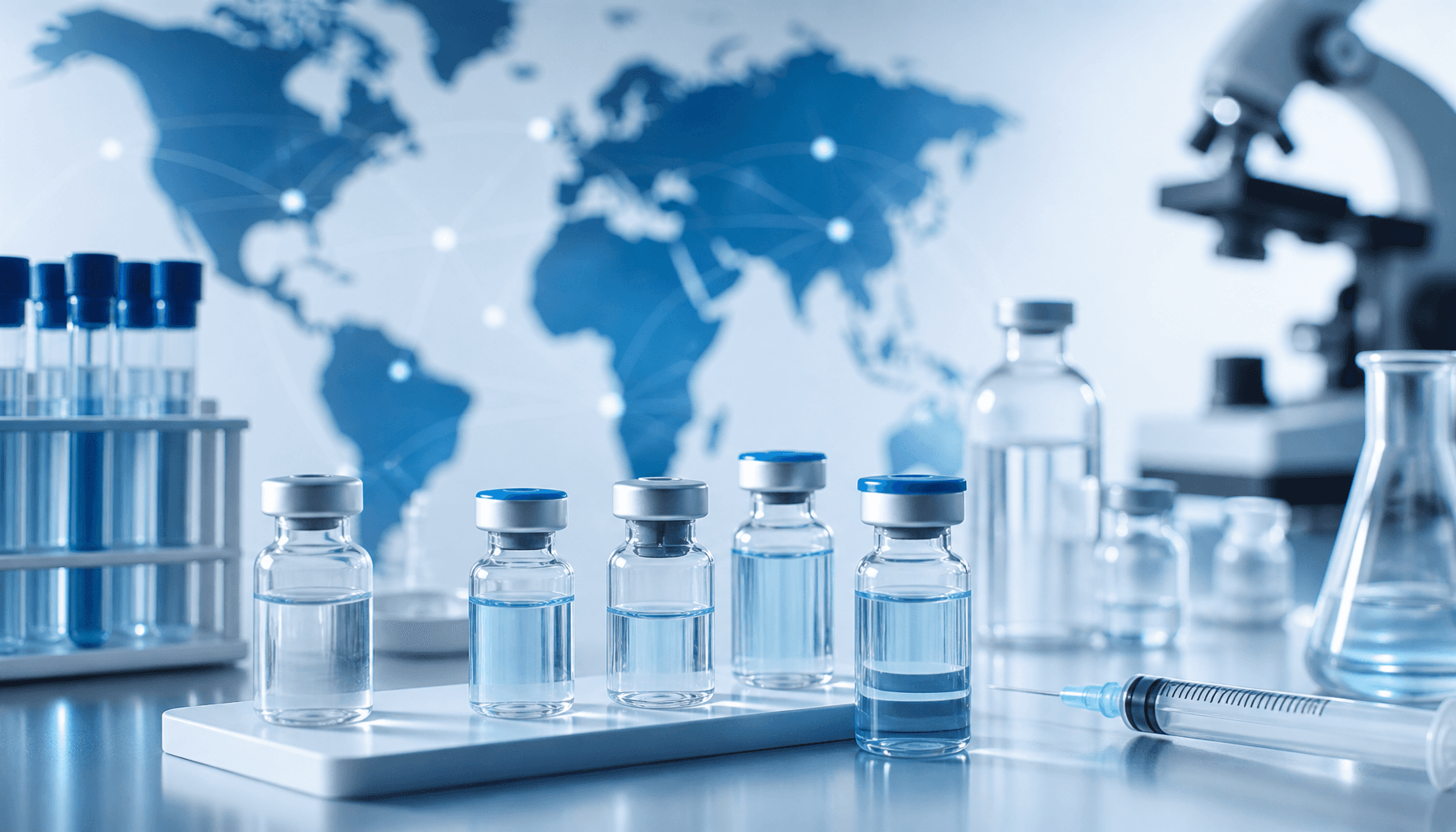 Medical vials and laboratory equipment on a sterile table, soft professional lighting, symbol of glo