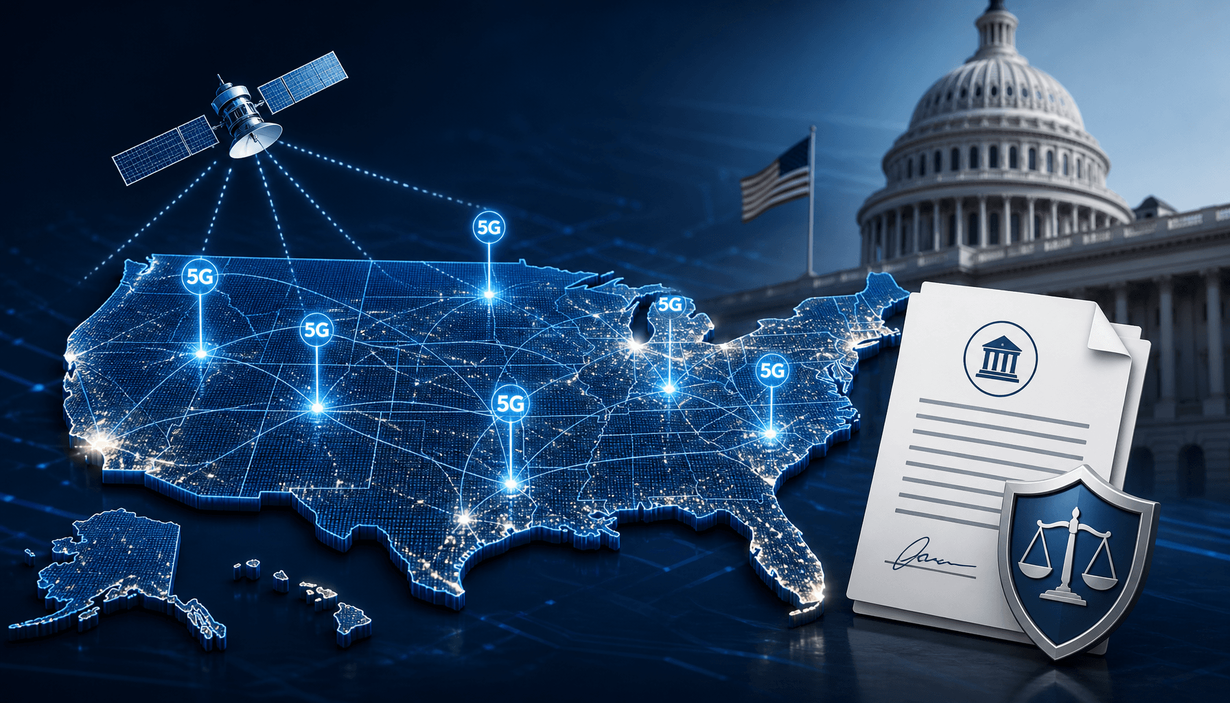 A modern, professional graphic representing digital infrastructure and federal policy, featuring a s